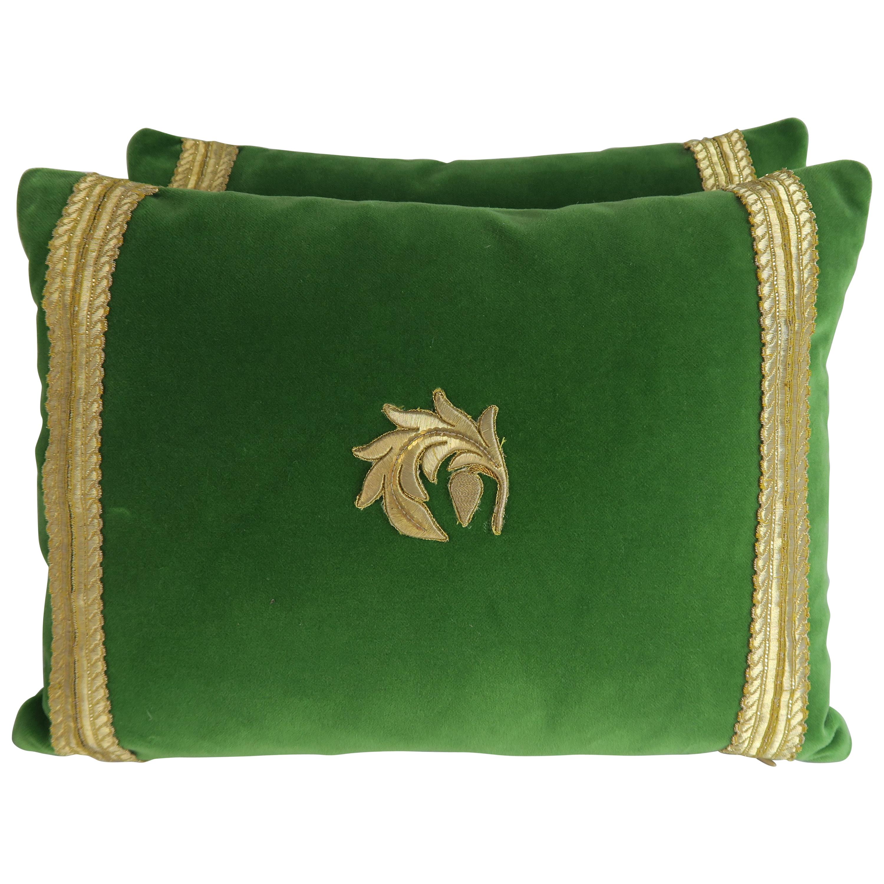 Metallic Embroidered Green Velvet Pillows, Pair