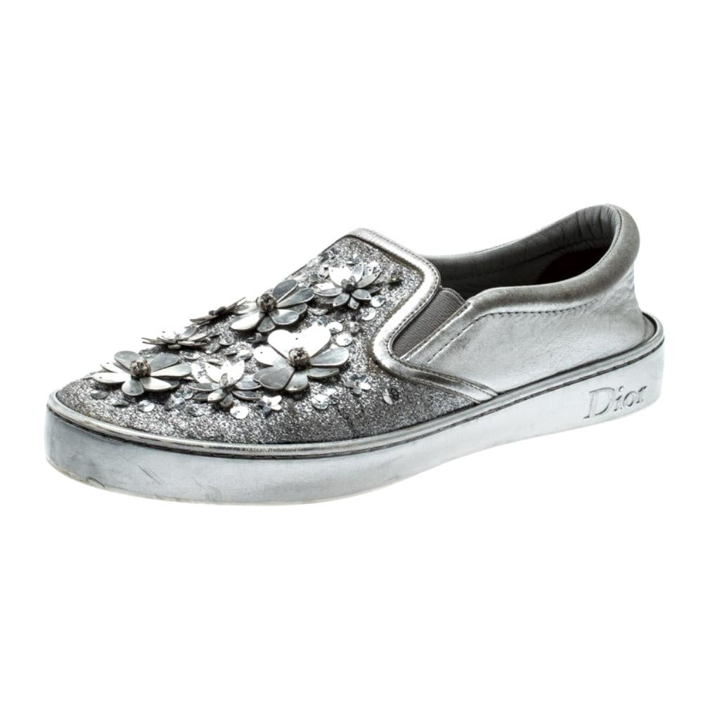 Metallic Glitter Leather Dior Happy Floral Embellished Slip On Sneakers Size 39