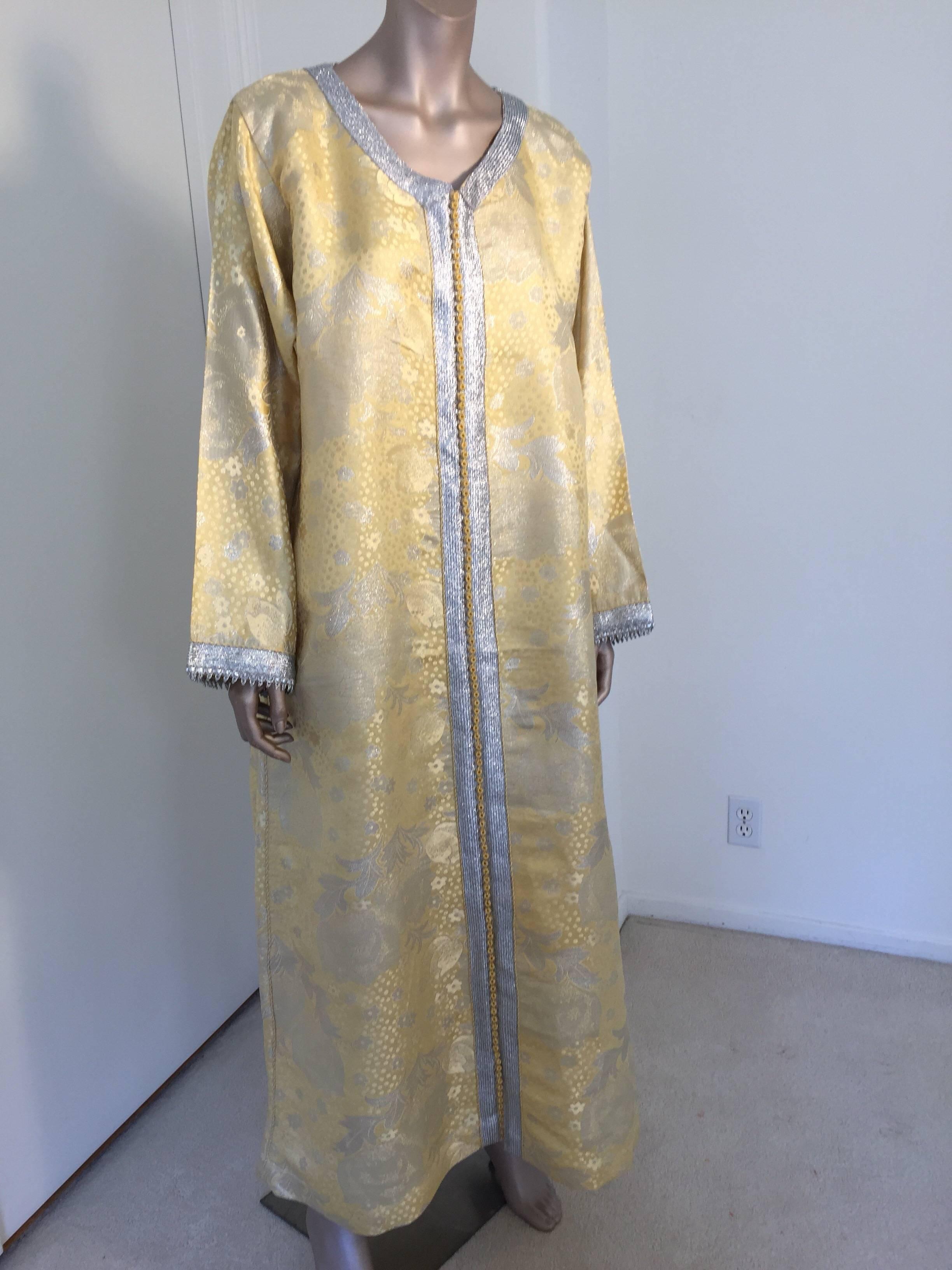 Moorish Metallic Gold and Silver Brocade 1970s Maxi Dress Caftan, Evening Gown Kaftan For Sale