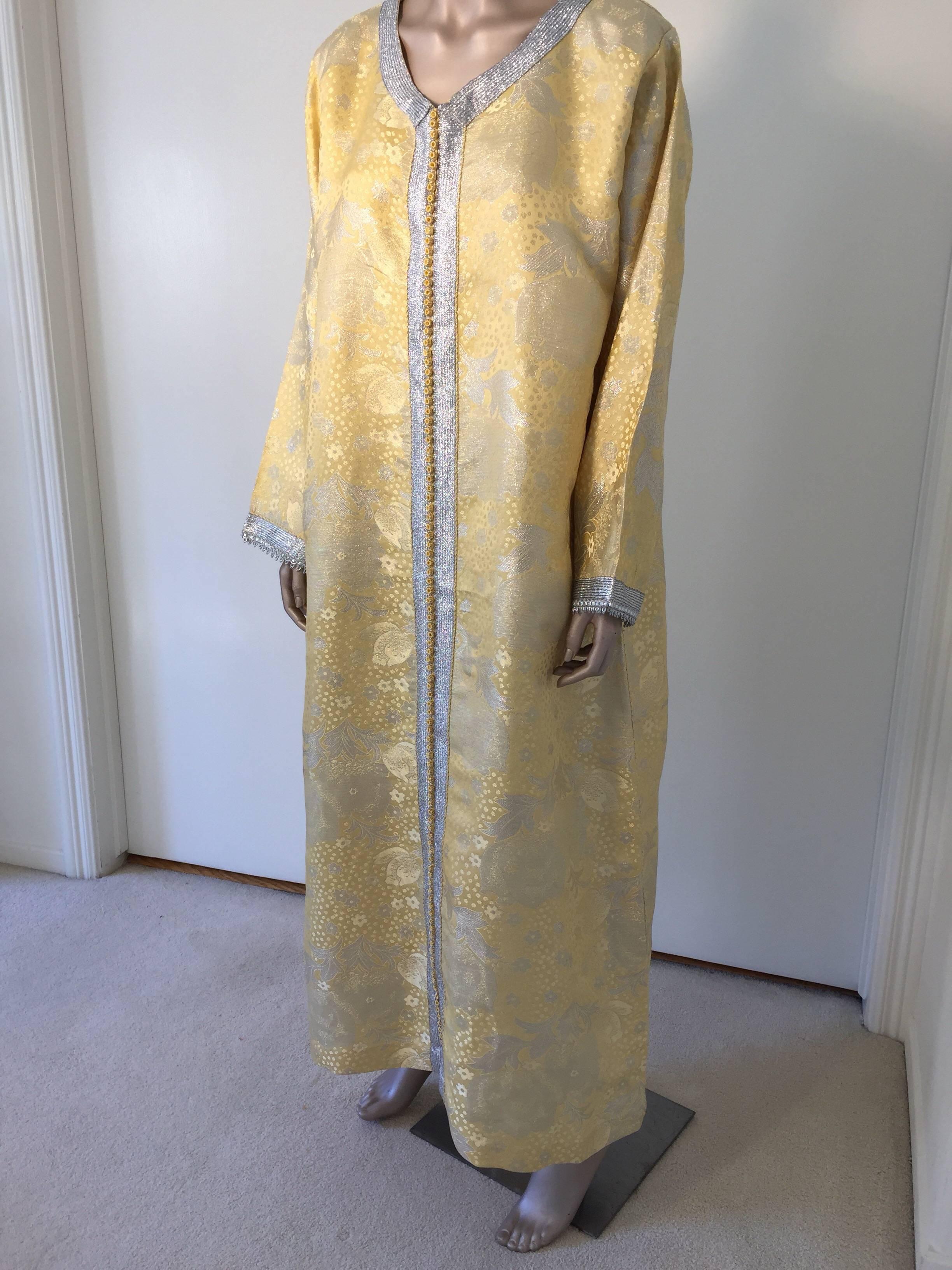 Moroccan Metallic Gold and Silver Brocade 1970s Maxi Dress Caftan, Evening Gown Kaftan For Sale