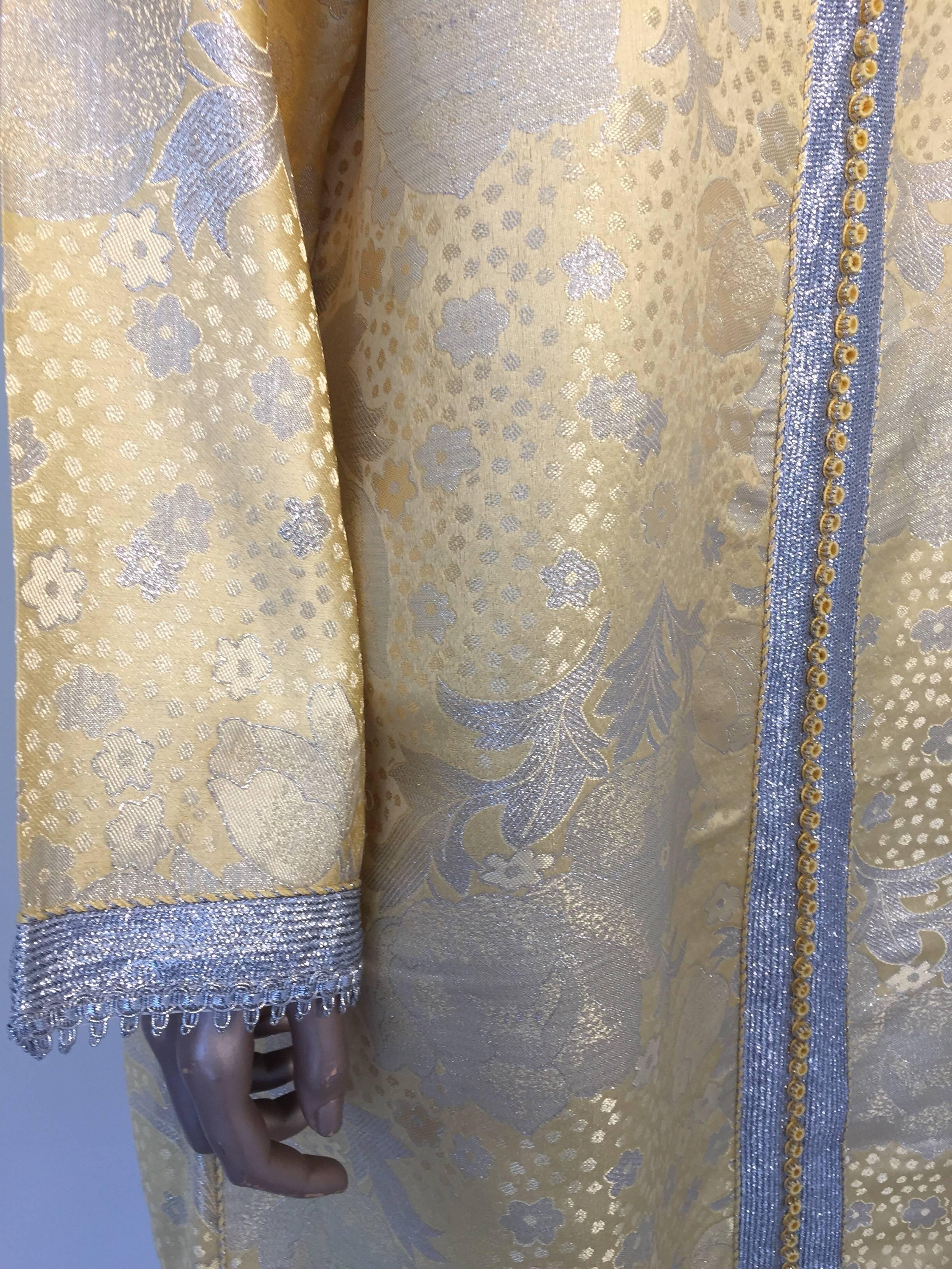 Hand-Carved Metallic Gold and Silver Brocade 1970s Maxi Dress Caftan, Evening Gown Kaftan For Sale