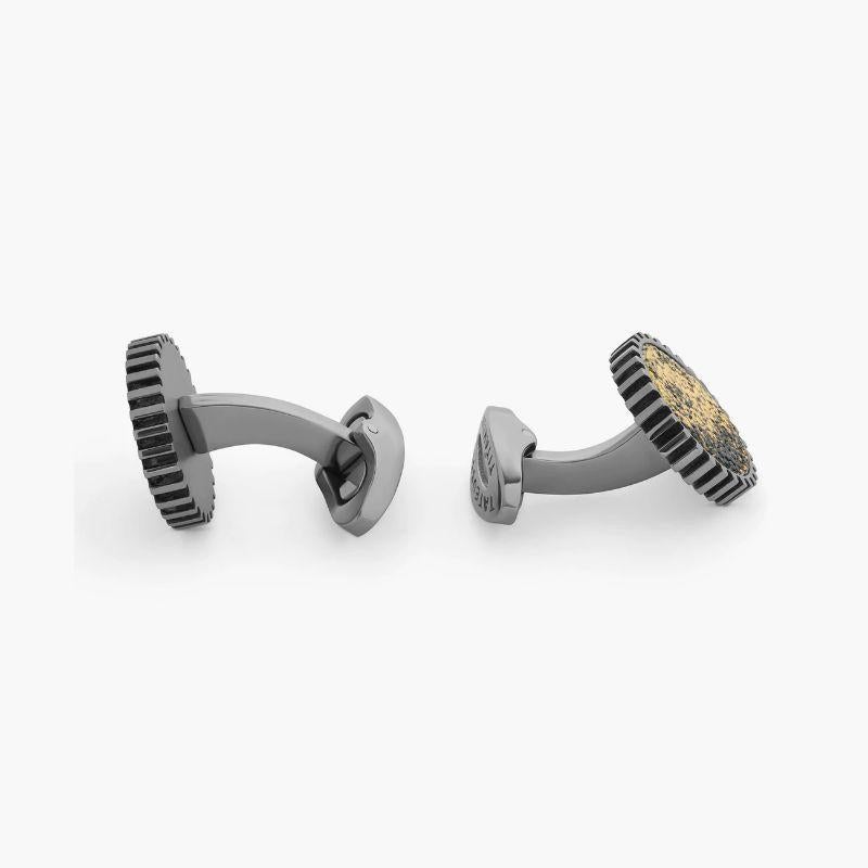 Metallic Gold Art Gear Cufflinks

Light-weight and masculine, titanium lends itself naturally to creative design. Titanium as a material has a low density and high strength. It is highly resistant to corrosion. Titanium is often used in the