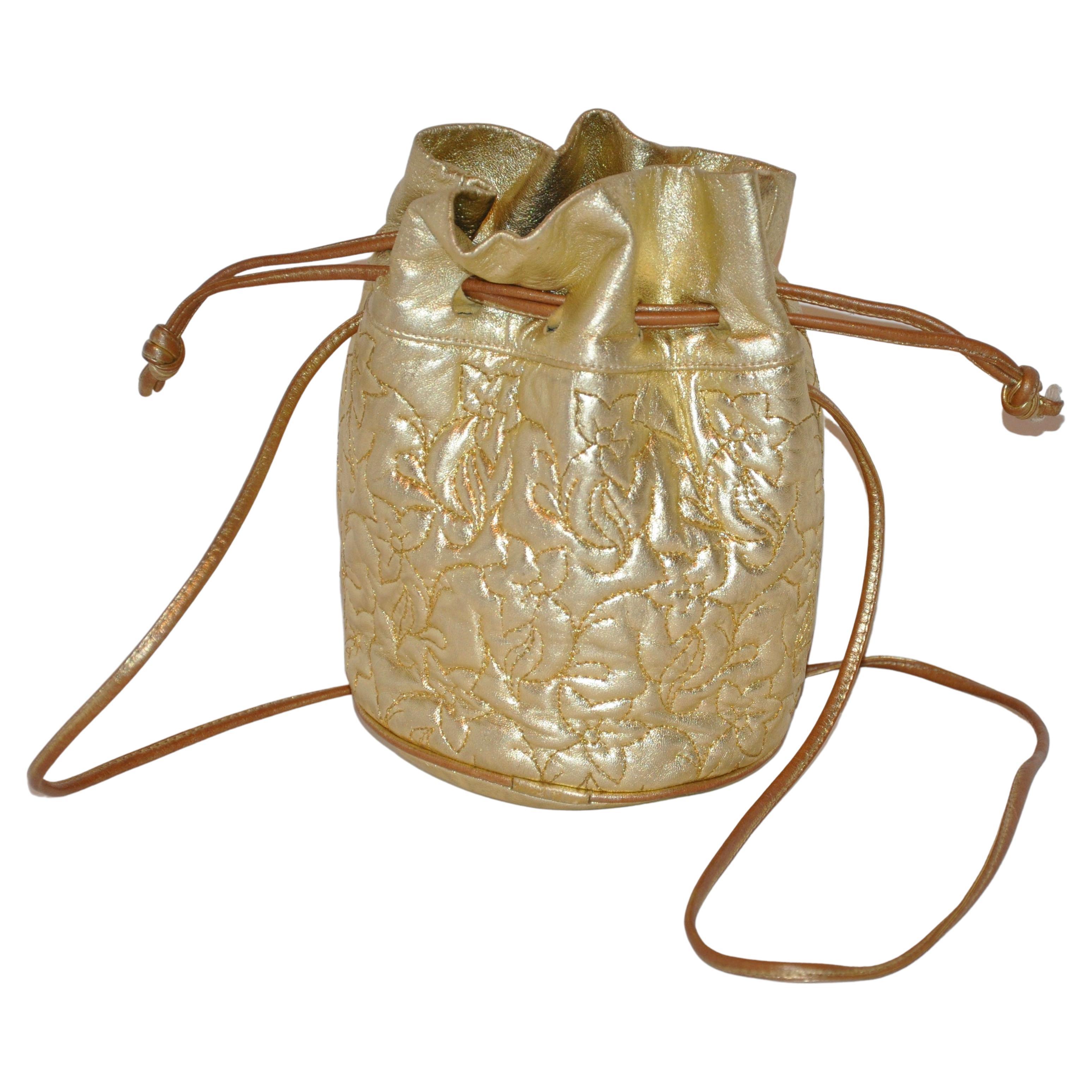 Metallic Gold Lambskin Drawstring and Detailed Floral Top-Stitching Shoulder Bag For Sale
