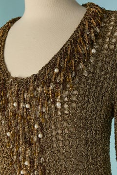 Metallic gold lurex knit cardigan with chain fringes and beads LORIS AZZARO