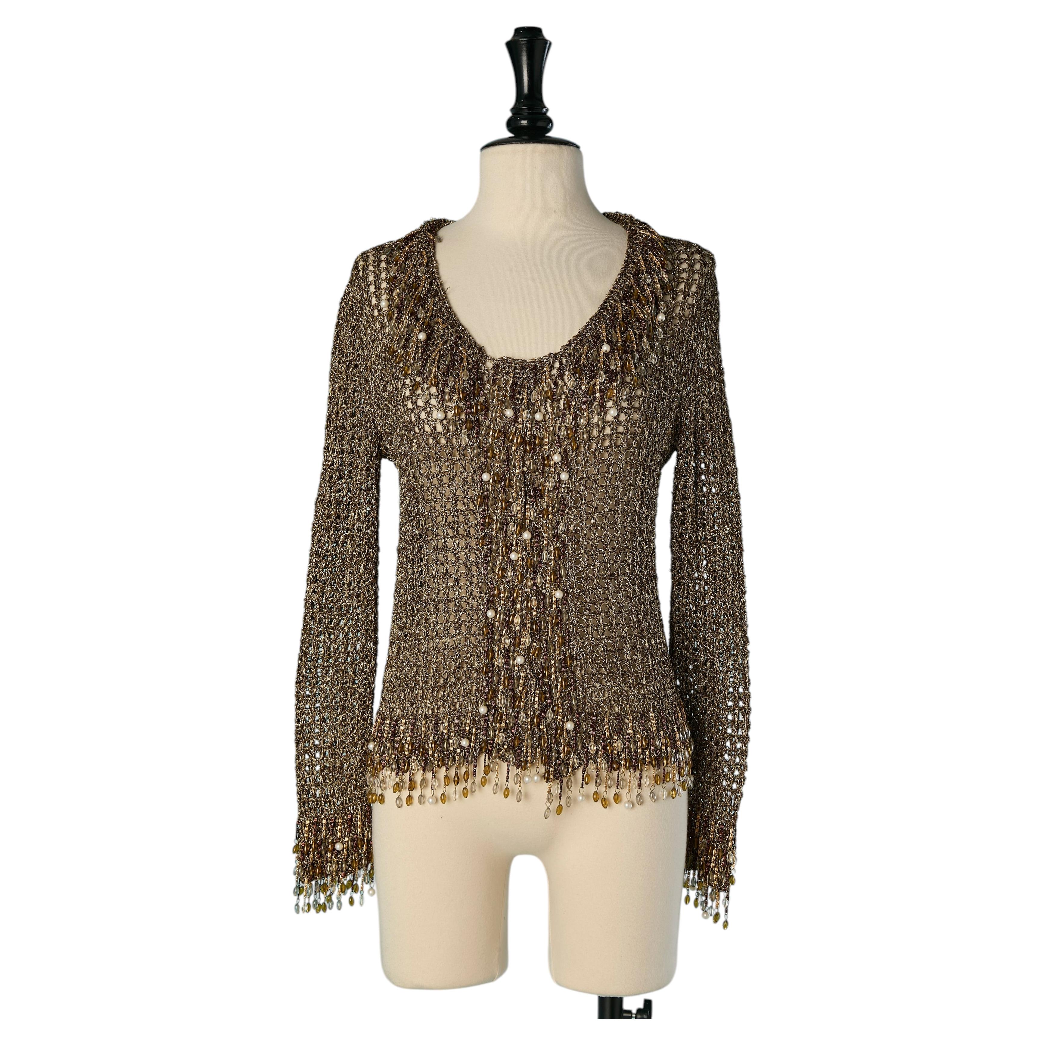 Metallic gold lurex knit cardigan with chain fringes and beads LORIS AZZARO