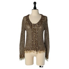 Metallic gold lurex knit cardigan with chain fringes and beads LORIS AZZARO