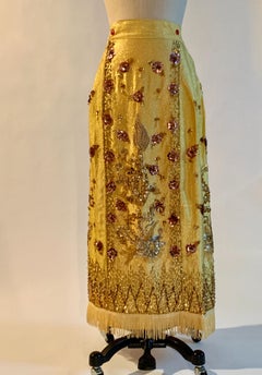 Metallic Gold Vintage Dragon and Phoenix Beaded and Sequin Chinese Maxi Skirt