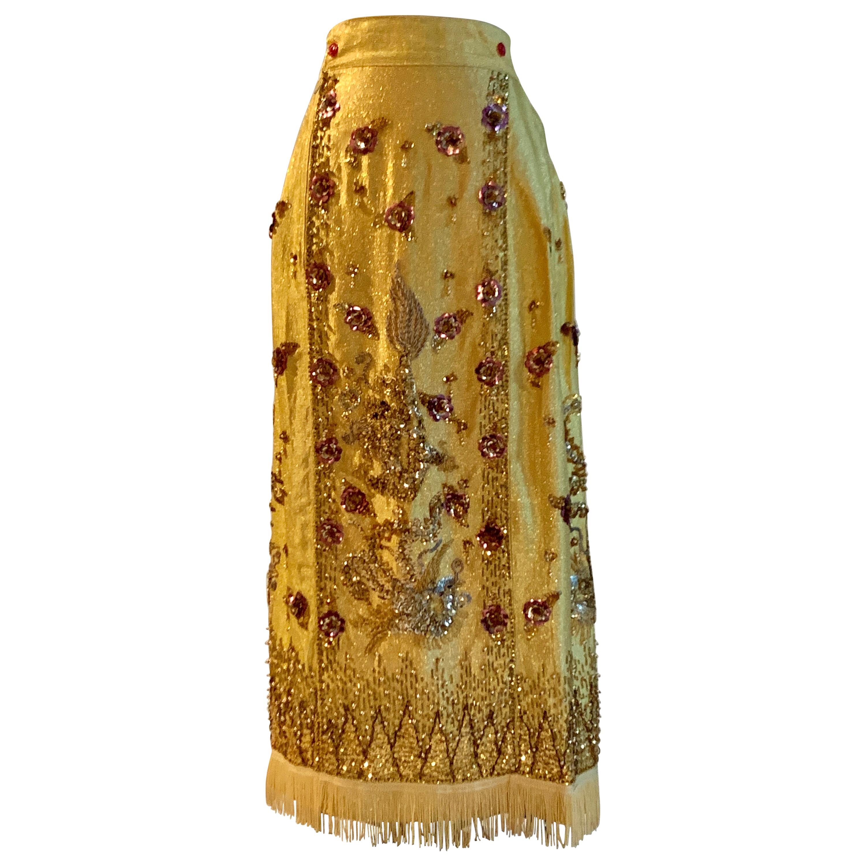 Metallic Gold Vintage Dragon and Phoenix Beaded and Sequin Chinese Maxi Skirt
