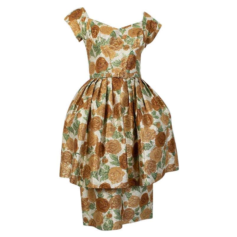 Metallic Green and Gold Floral Cocktail Dress w Lampshade Hobble Skirt ...