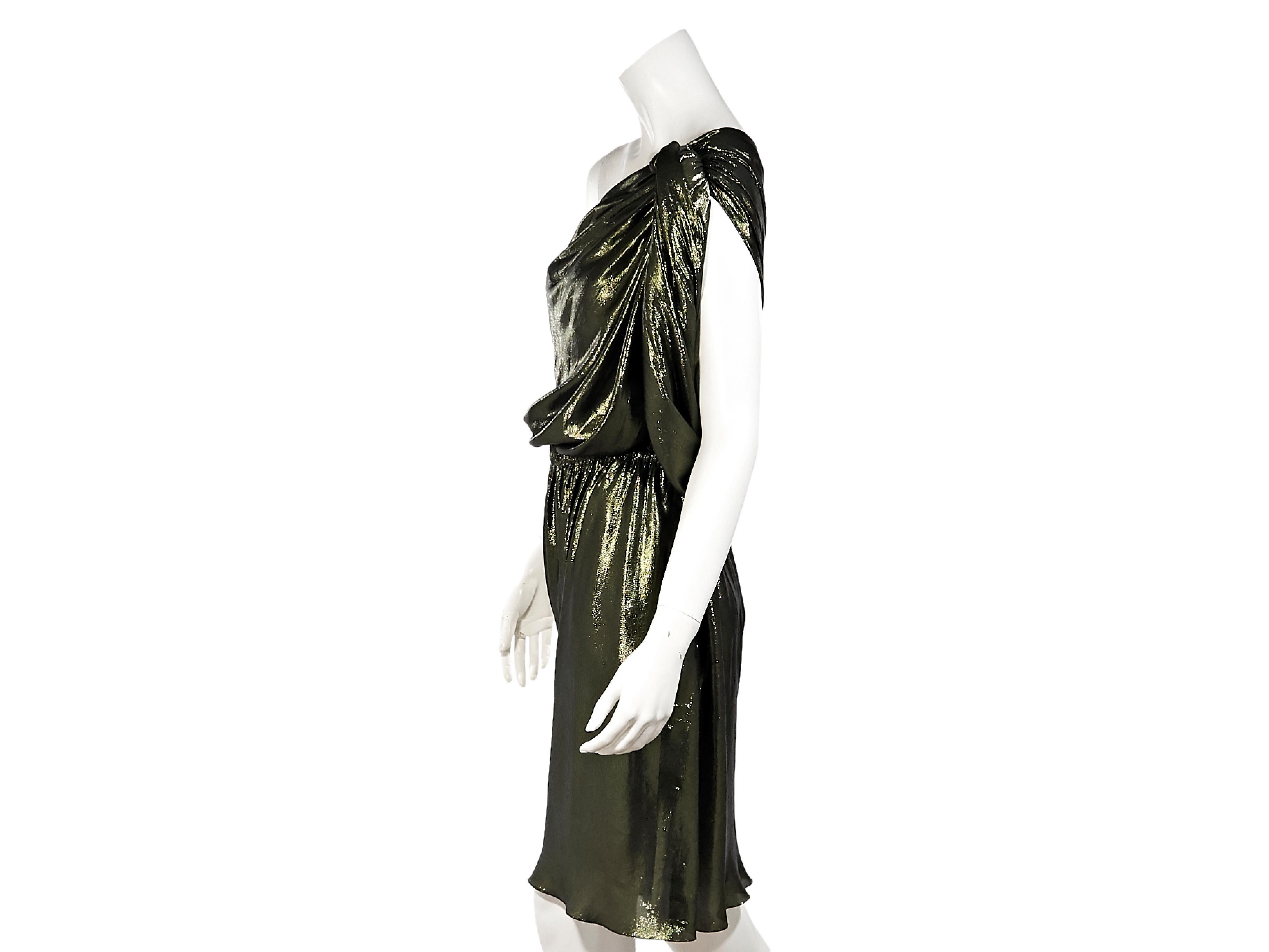 Product details:  Metallic green lame one-shoulder dress by Lanvin.  Gathered pleats at shoulder.  Elasticized waist.  Pullover style.  Label size FR 36.  32
