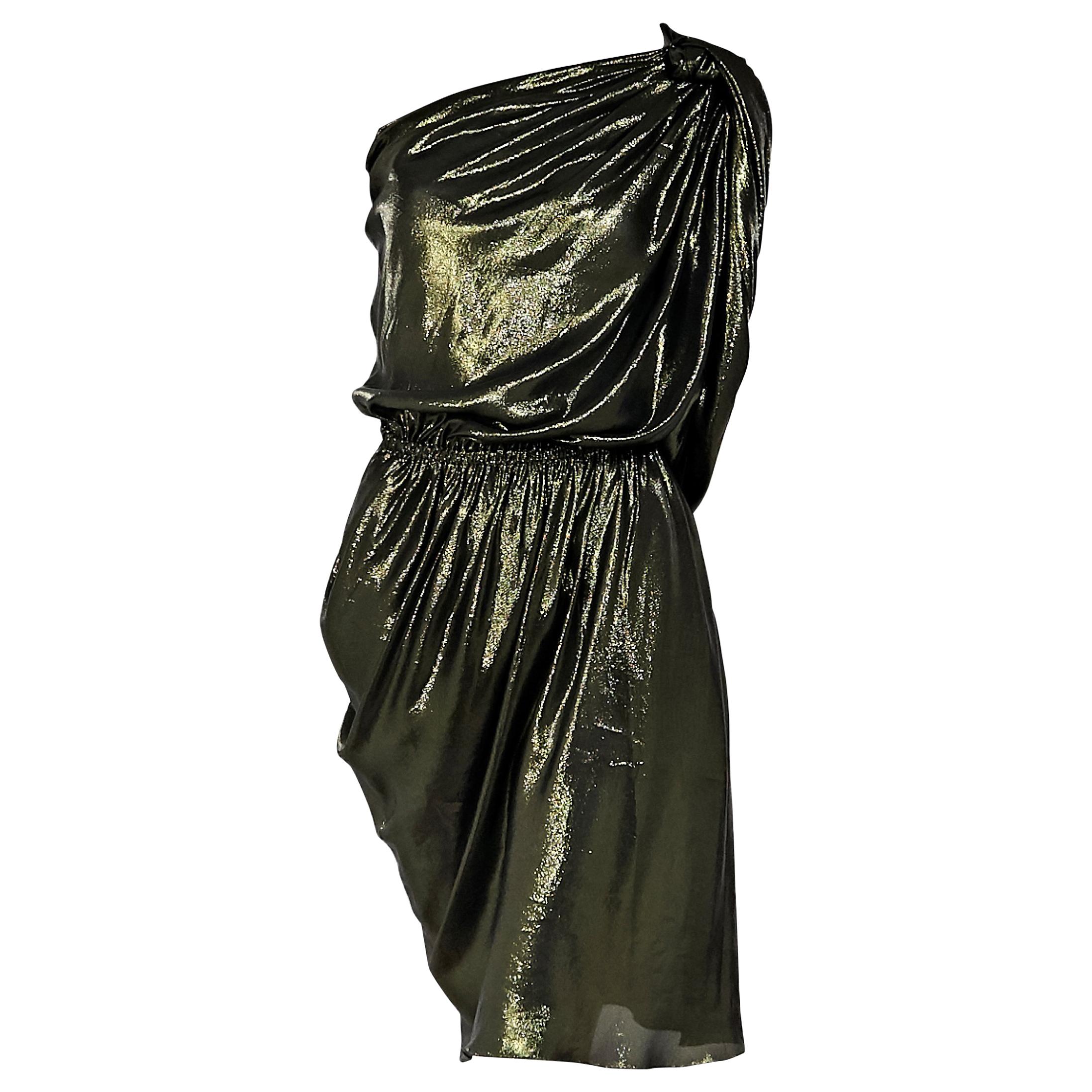 Metallic Green Lanvin Lame One-Shoulder Dress