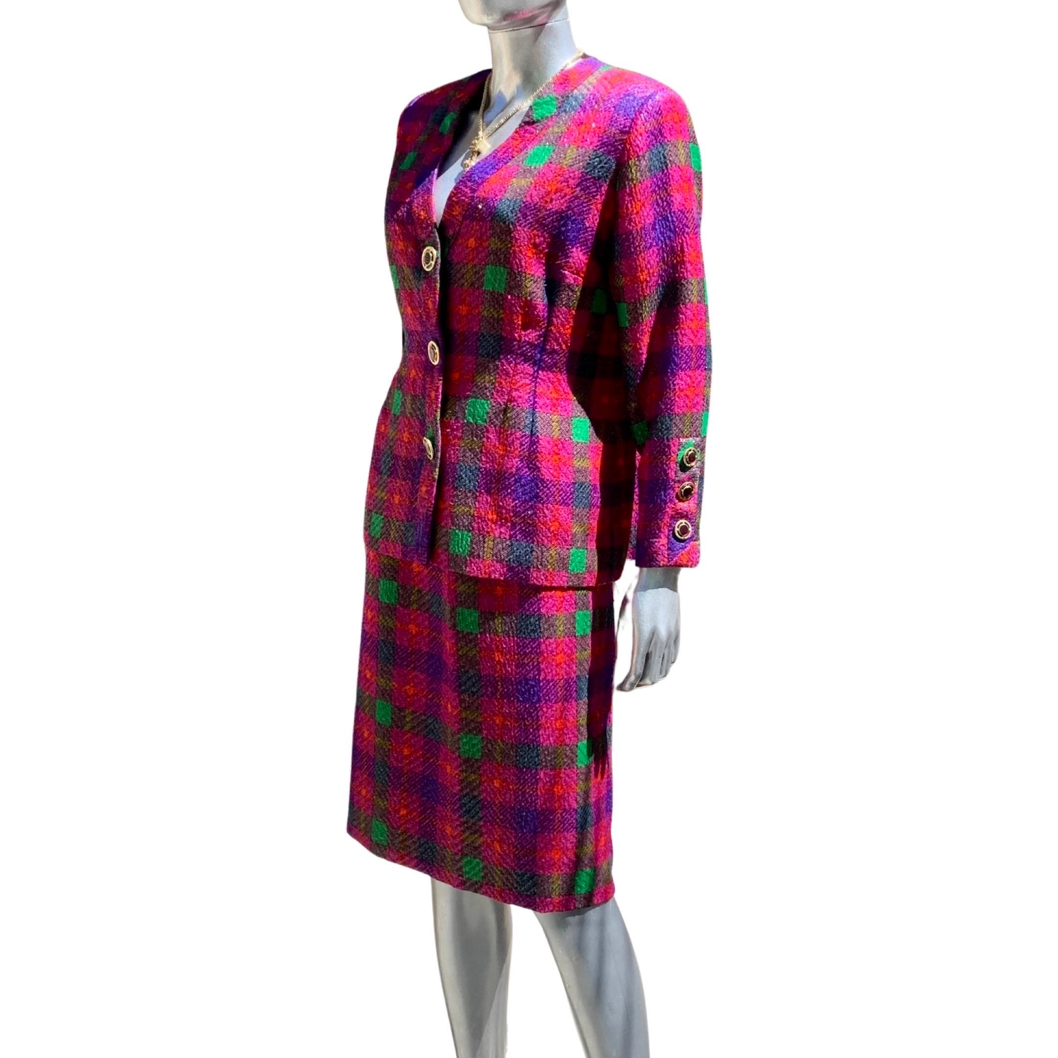 Metallic Jewel Tone Metallic Plaid Suit Vintage European Custom Made Size 6/8 In Good Condition For Sale In Palm Springs, CA