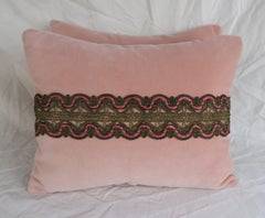 Metallic Lace Appliqued Pink Velvet Pillows, Pair