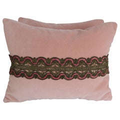 Vintage Metallic Lace Appliqued Pink Velvet Pillows, Pair
