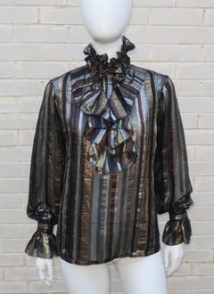 Metallic Lamé Striped Silk Ruffled Blouse, 1970's