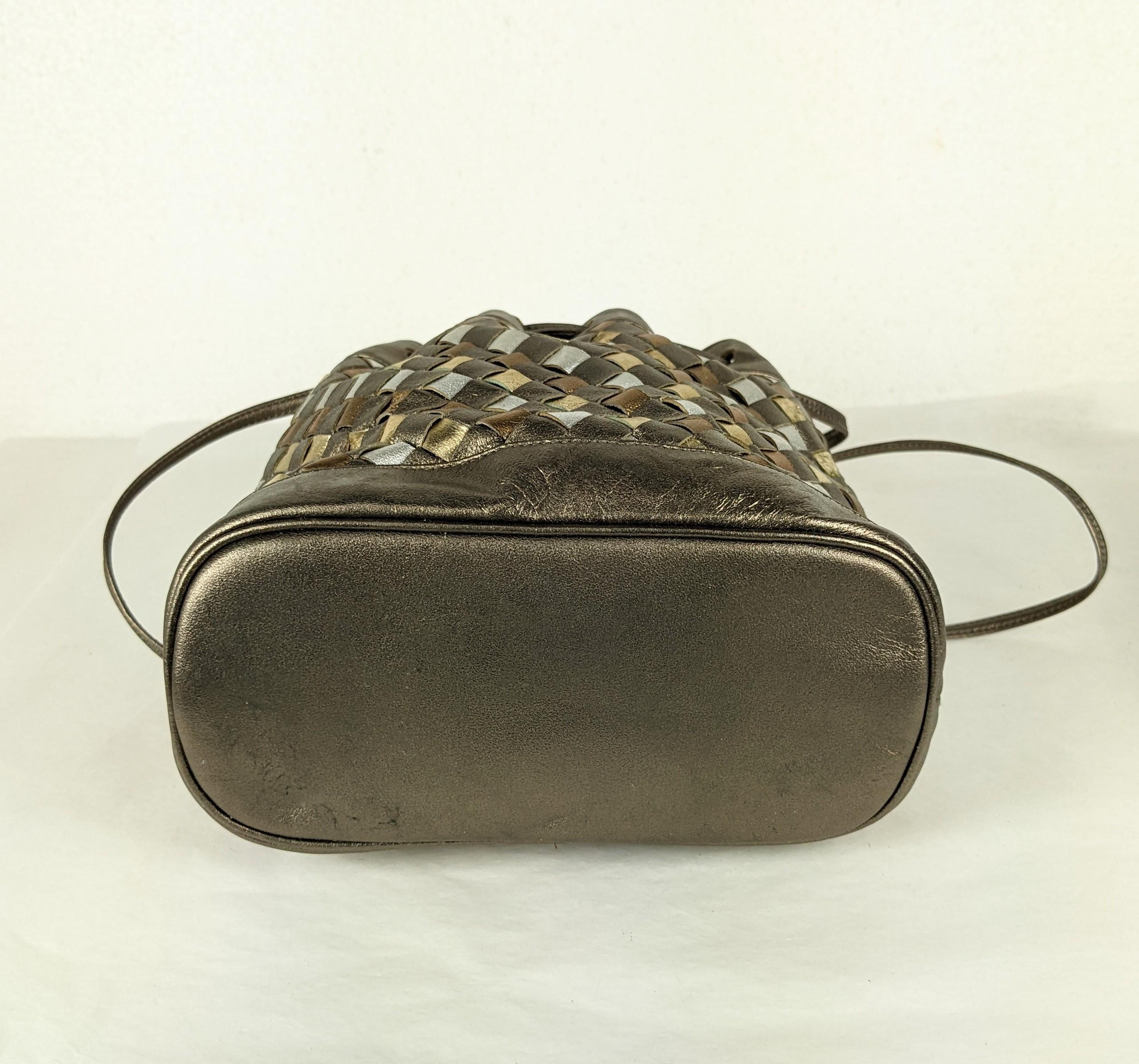 Gray Metallic Leather Woven Shoulder Pouch, Morris Moskowitz For Sale