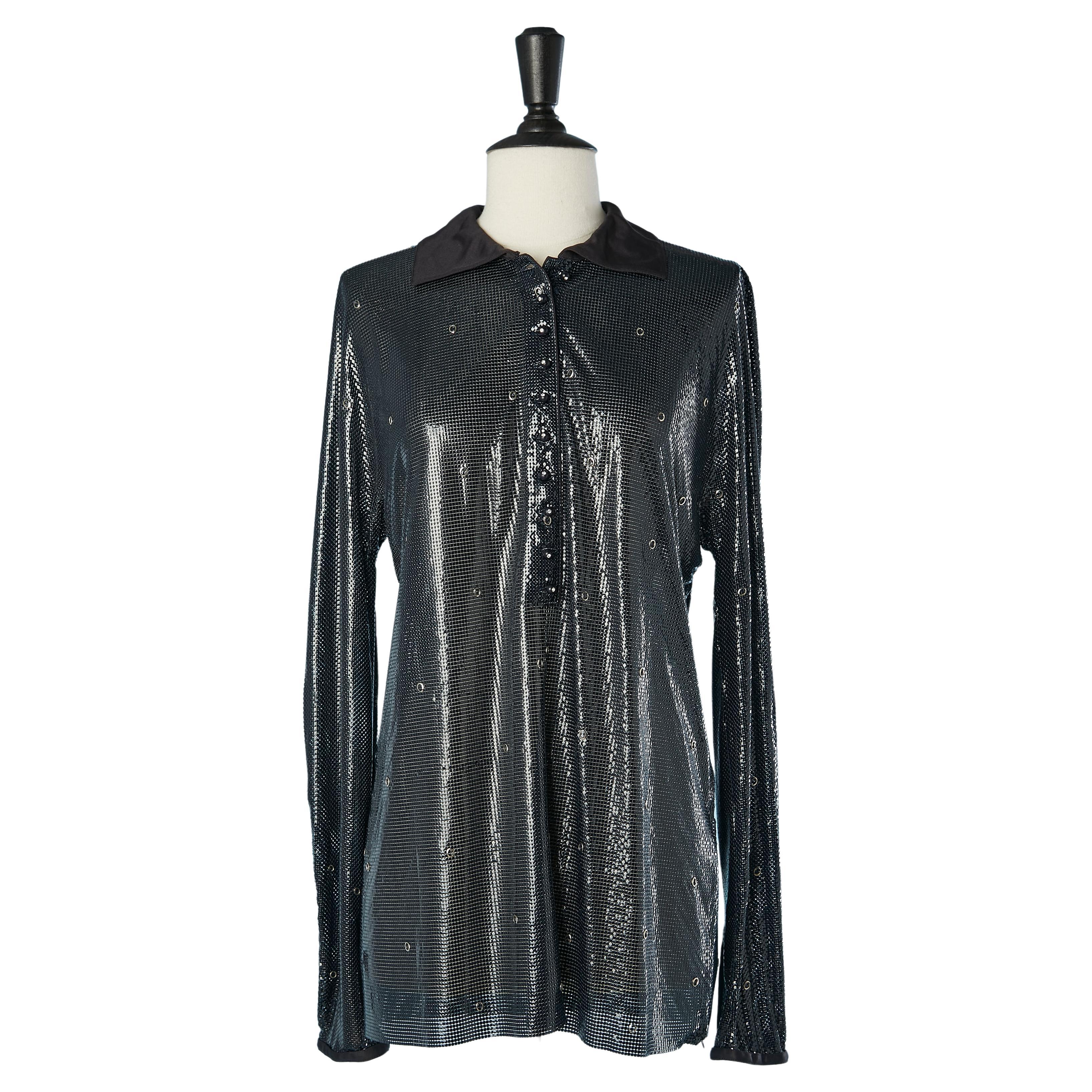Metallic mesh shirt with rhinestone buttons and eyelet Gianni Versace Sera  For Sale