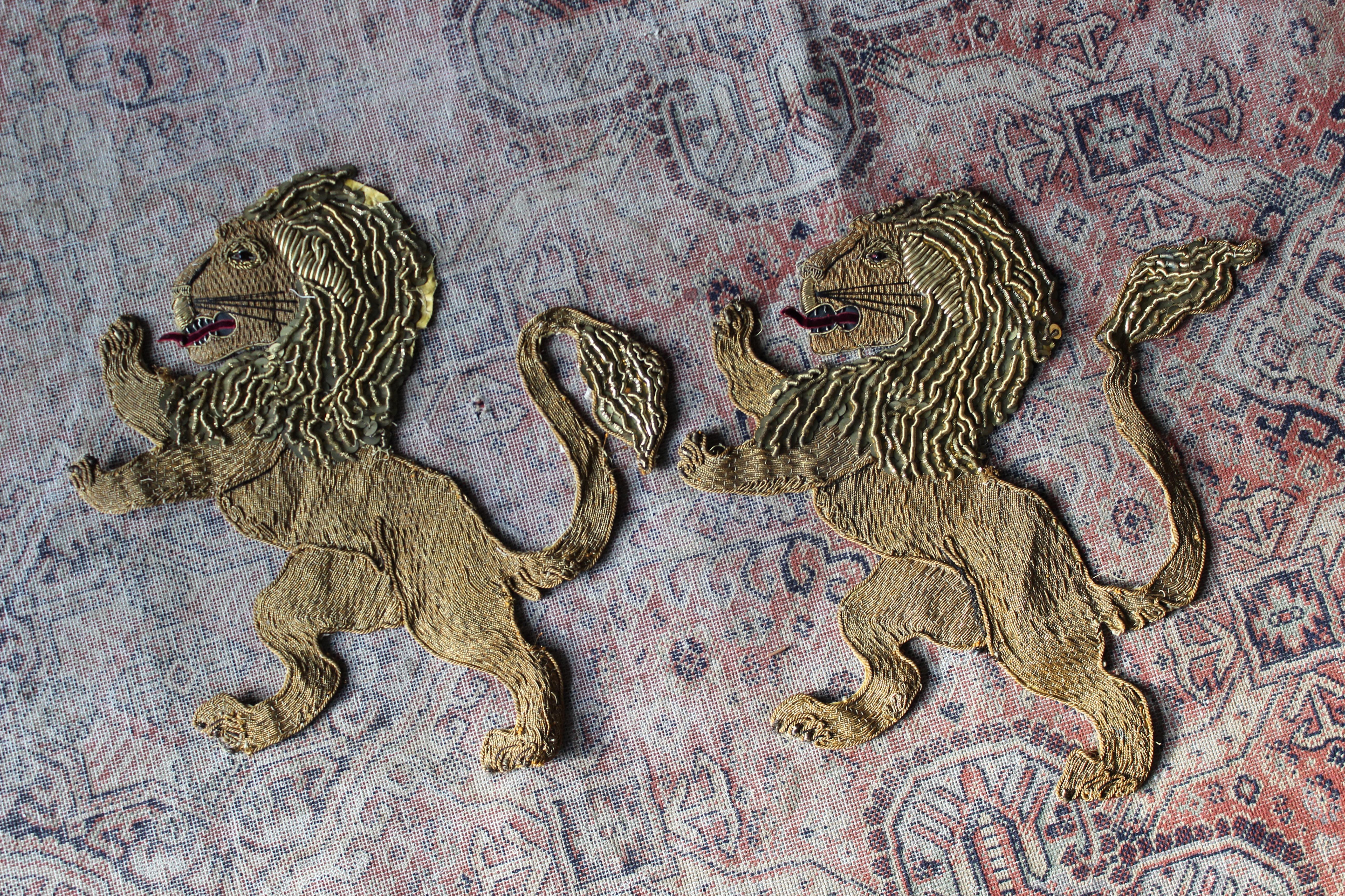 Metallic Metal Threaded Rampant Lion Appliqués Armorial Heraldry Military  For Sale 4
