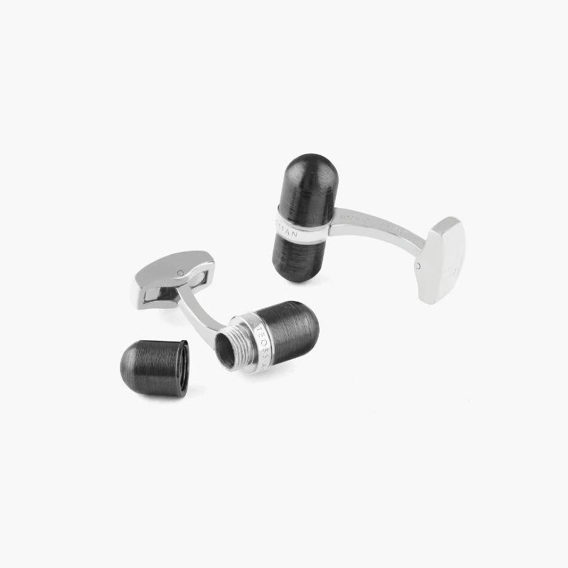 Men's Metallic Pill Cufflinks in Black IP Plated Stainless Steel For Sale