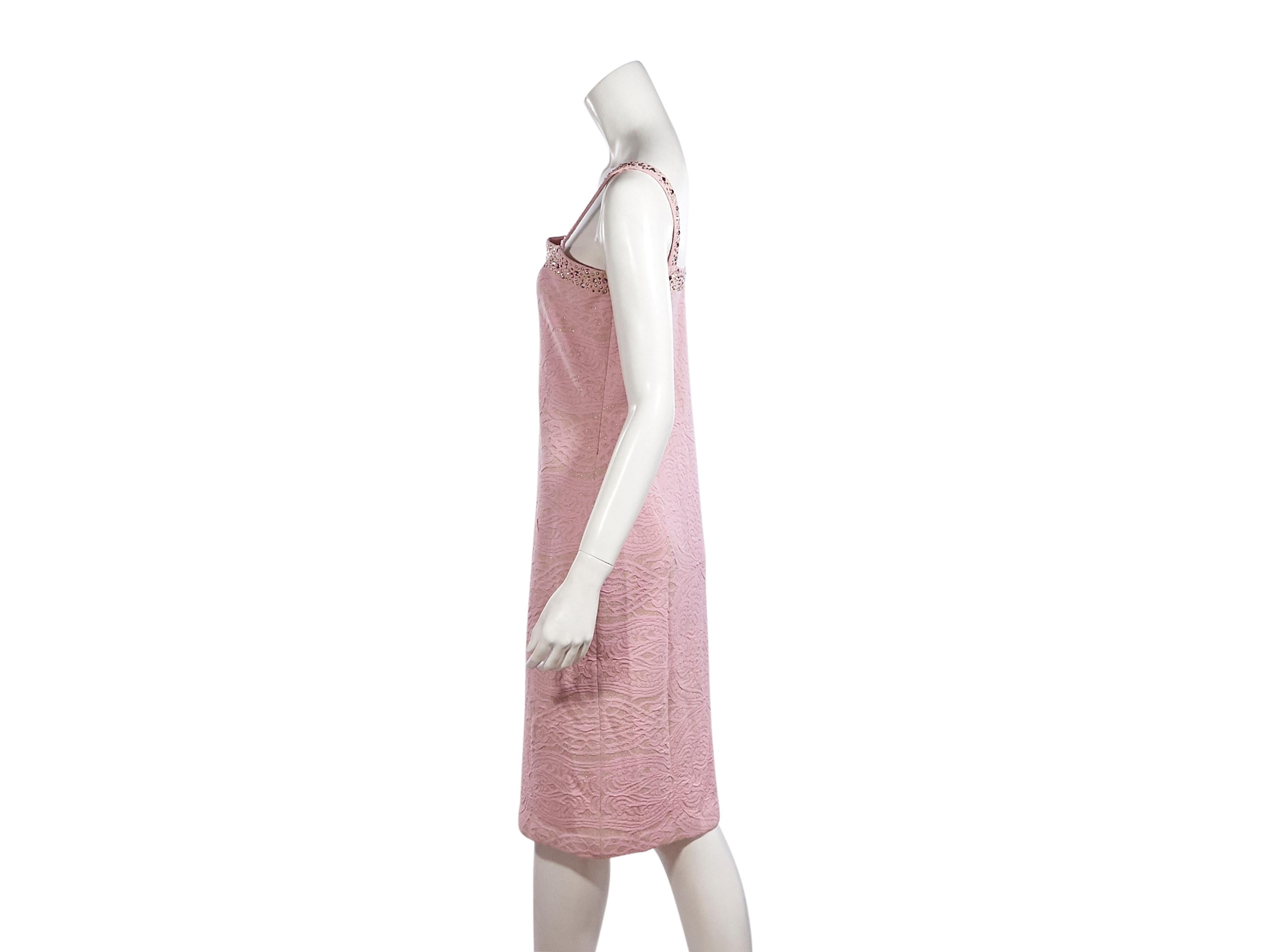 Product details:  Metallic pink floral sheath dress by St. John.  Embellished with crystals.  Sleeveless.  36