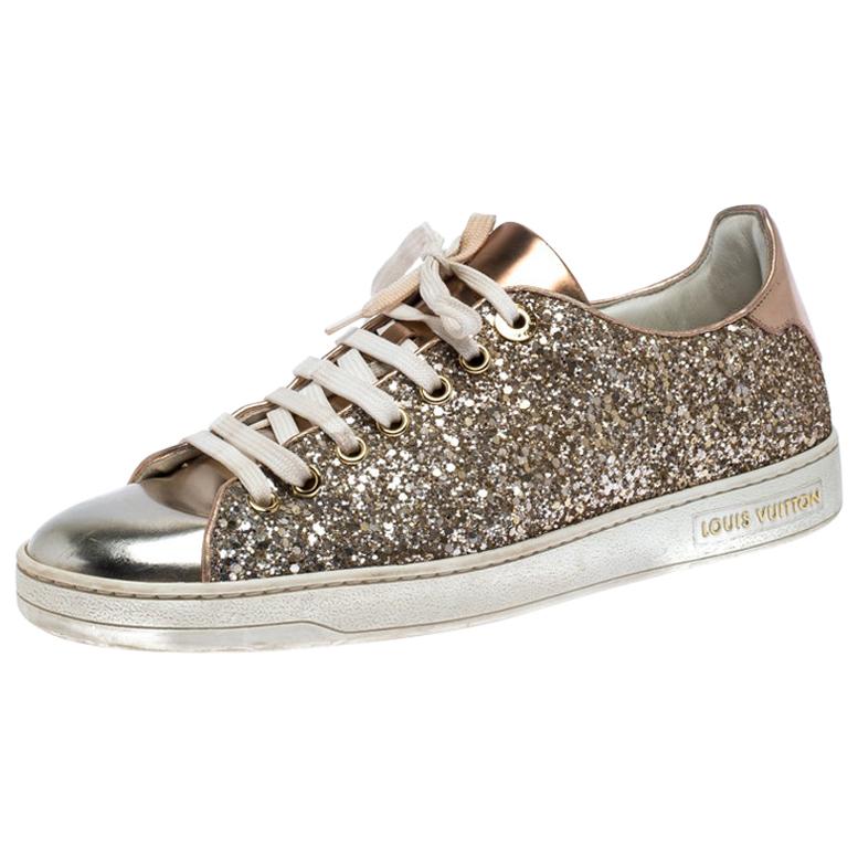 Louis Vuitton Metallic Rose Gold Leather And Coarse Glitter Frontrow Low  Top Lace Up Sneakers Size 38 Louis Vuitton