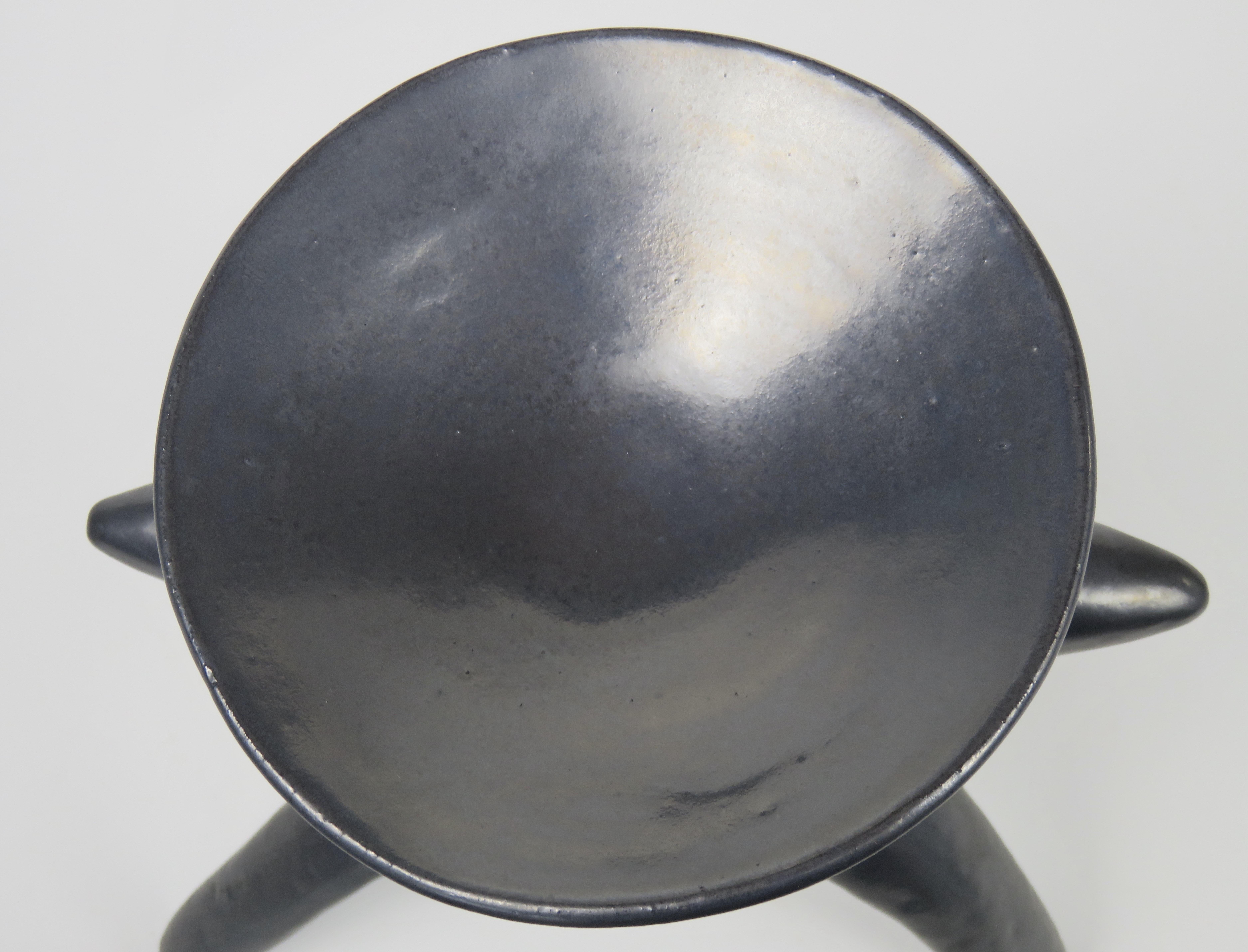 Metallic Silver-Black Ceramic TOTEM, Chalice Top on Long Tripod Legs, Hand Built 3