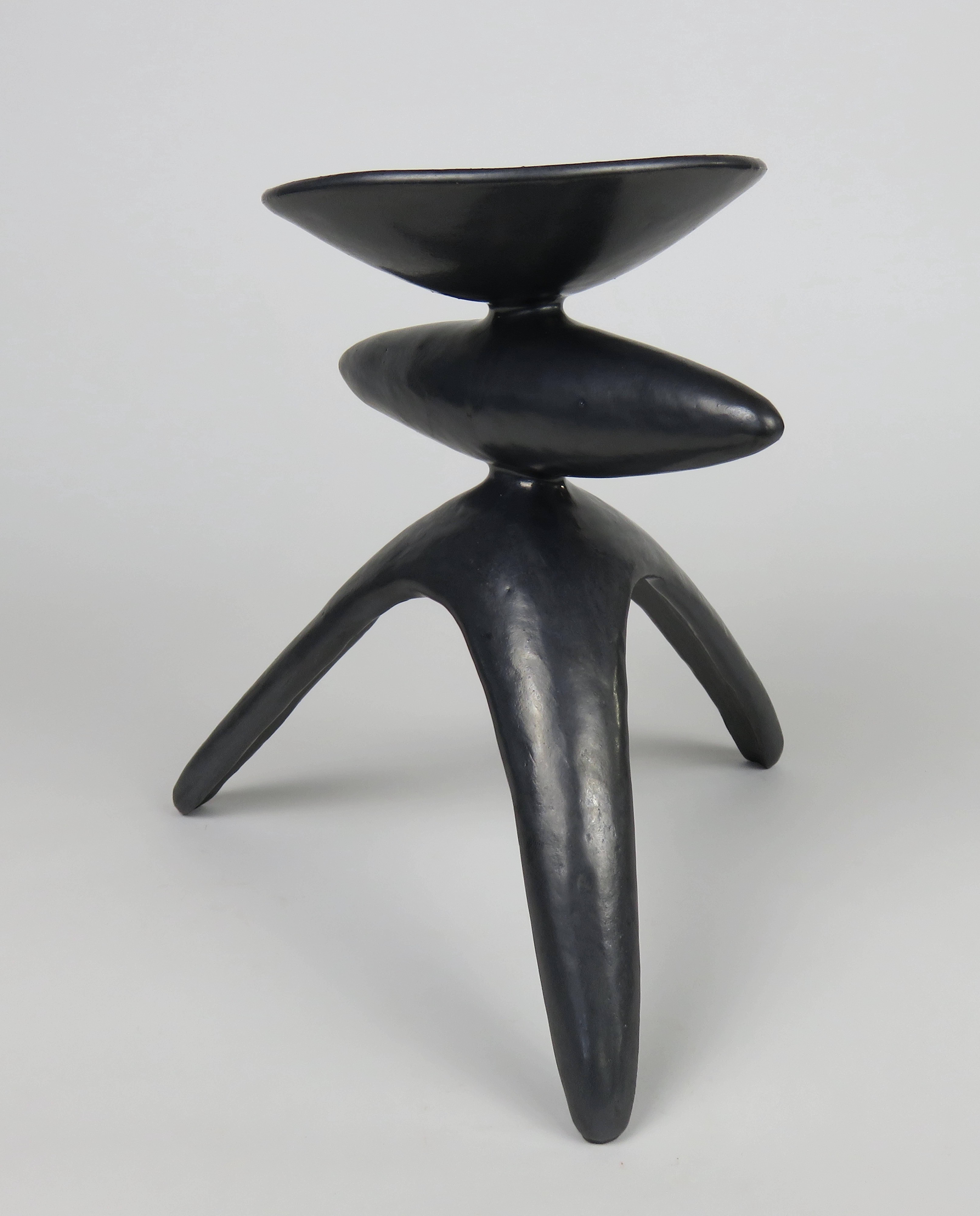 Metallic silver-black ceramic TOTEM, hand built by Artist Helena Starcevic. Part of an ongoing study of the totemic form, referred to as Modern Totems or Modern Primitives. The creamy dark satin silver glaze still shows the hand's touch to the clay.