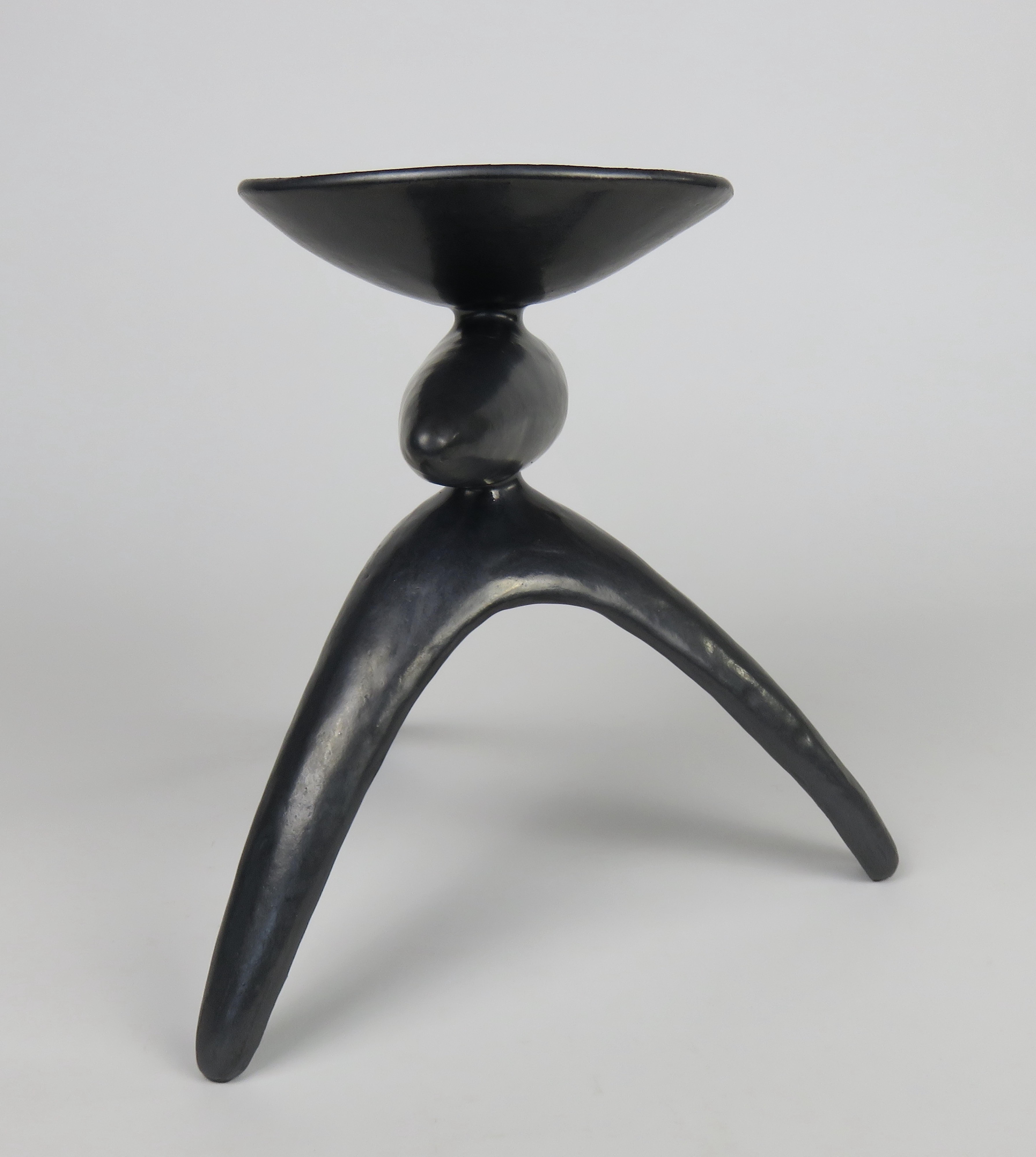 Organic Modern Metallic Silver-Black Ceramic TOTEM, Chalice Top on Long Tripod Legs, Hand Built