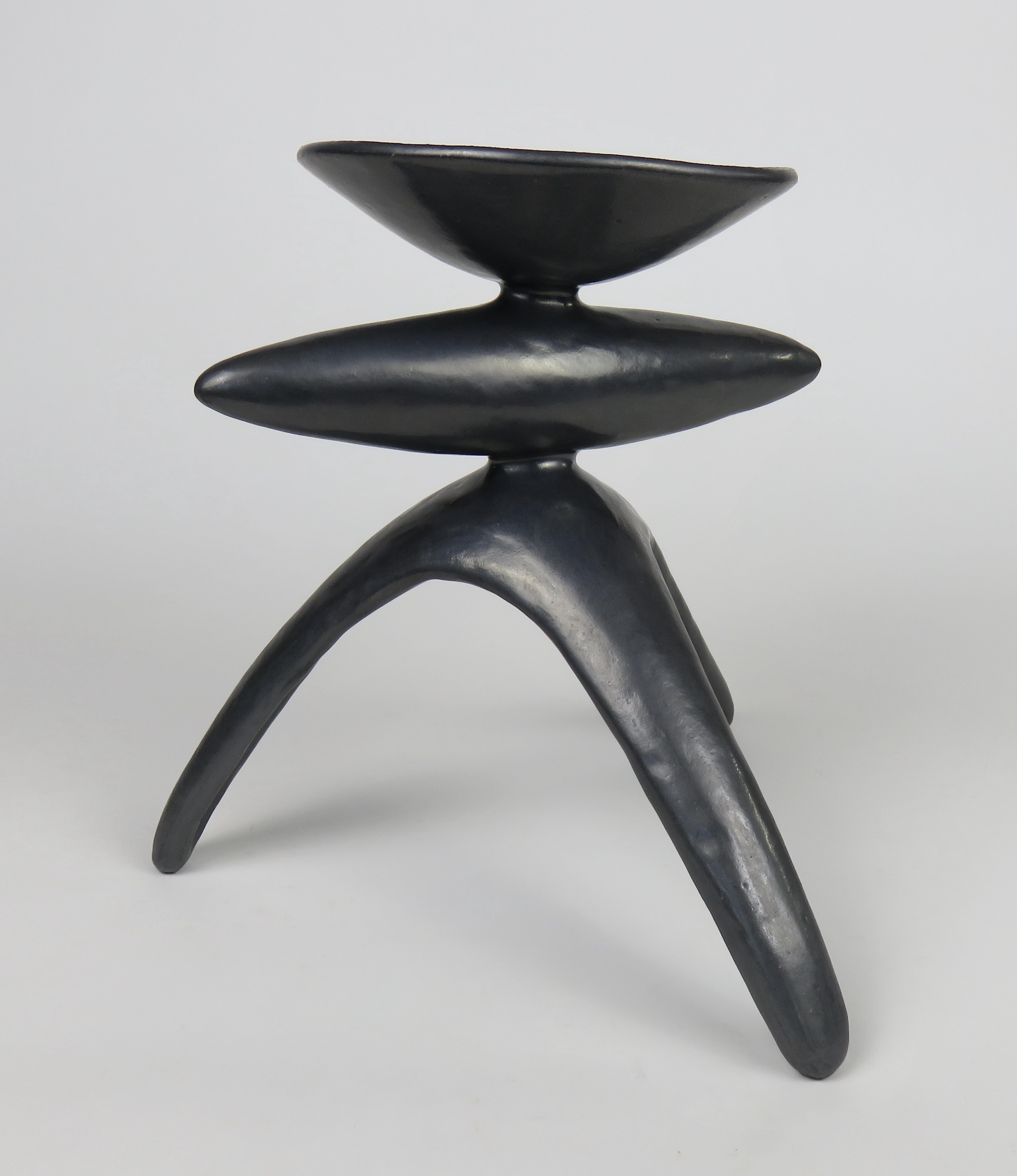 American Metallic Silver-Black Ceramic TOTEM, Chalice Top on Long Tripod Legs, Hand Built
