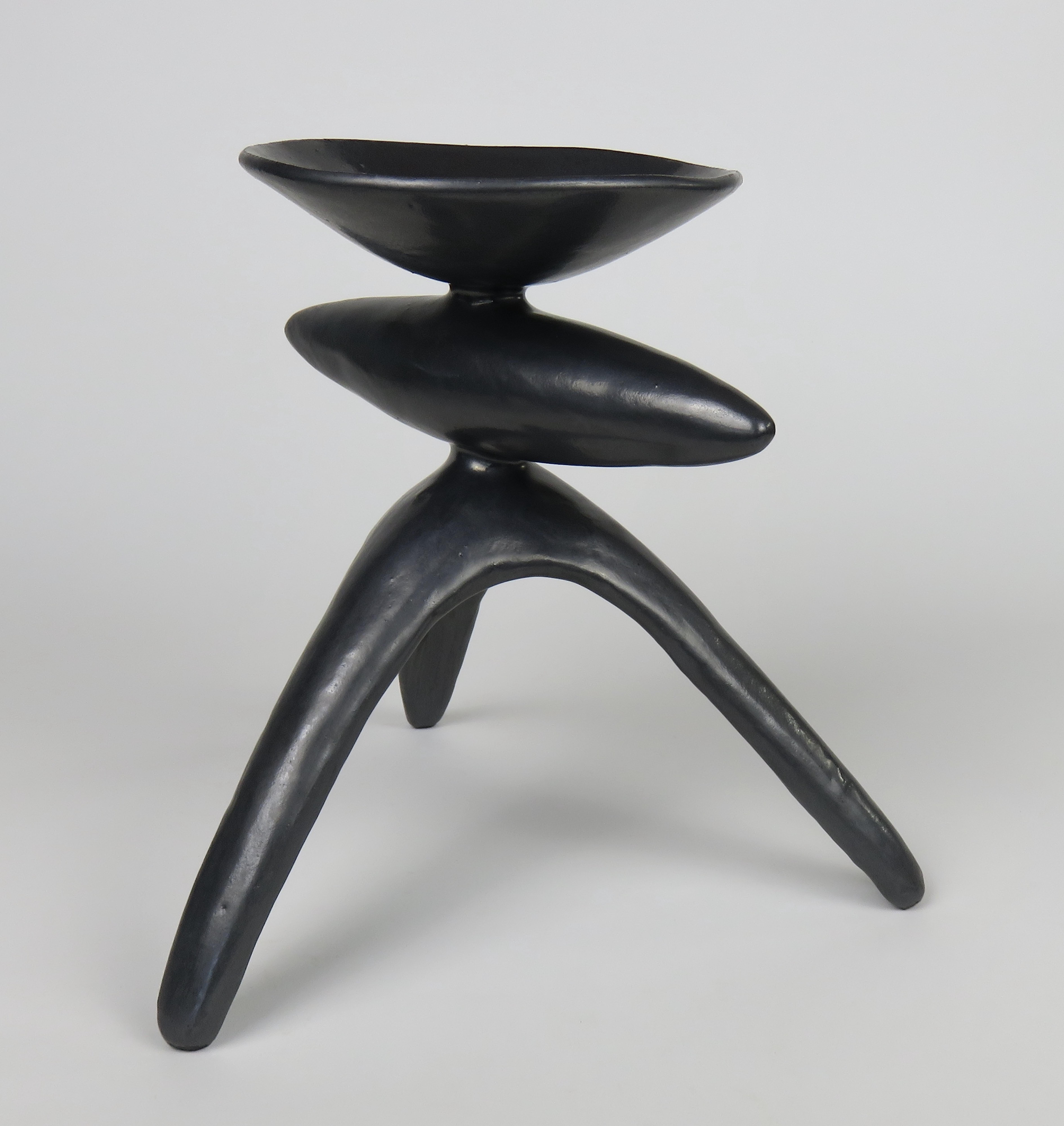 Metallic Silver-Black Ceramic TOTEM, Chalice Top on Long Tripod Legs, Hand Built In New Condition In New York, NY