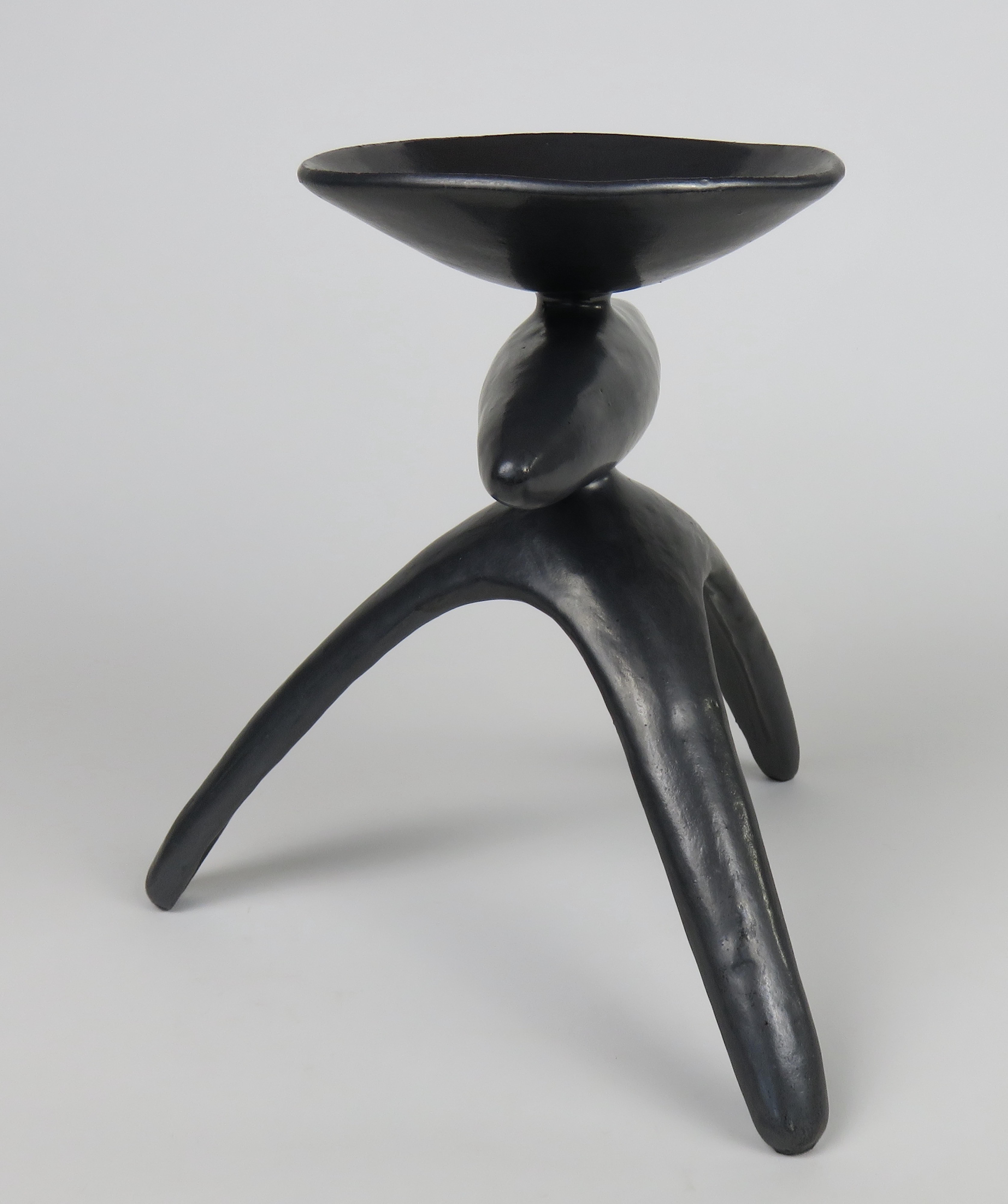 Contemporary Metallic Silver-Black Ceramic TOTEM, Chalice Top on Long Tripod Legs, Hand Built