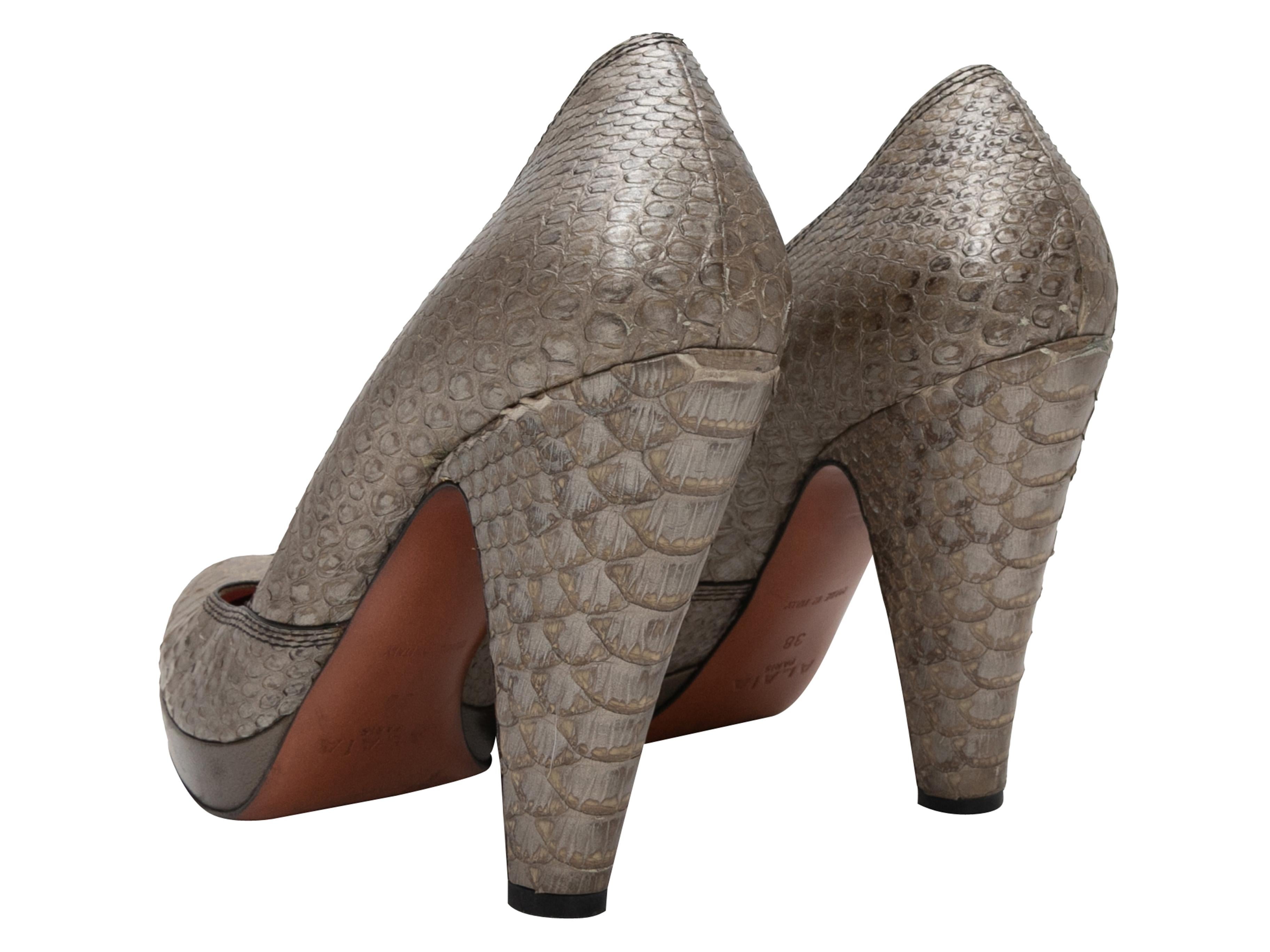 Metallic Taupe Alaia Python Platform Pumps Size 38 In Good Condition For Sale In New York, NY