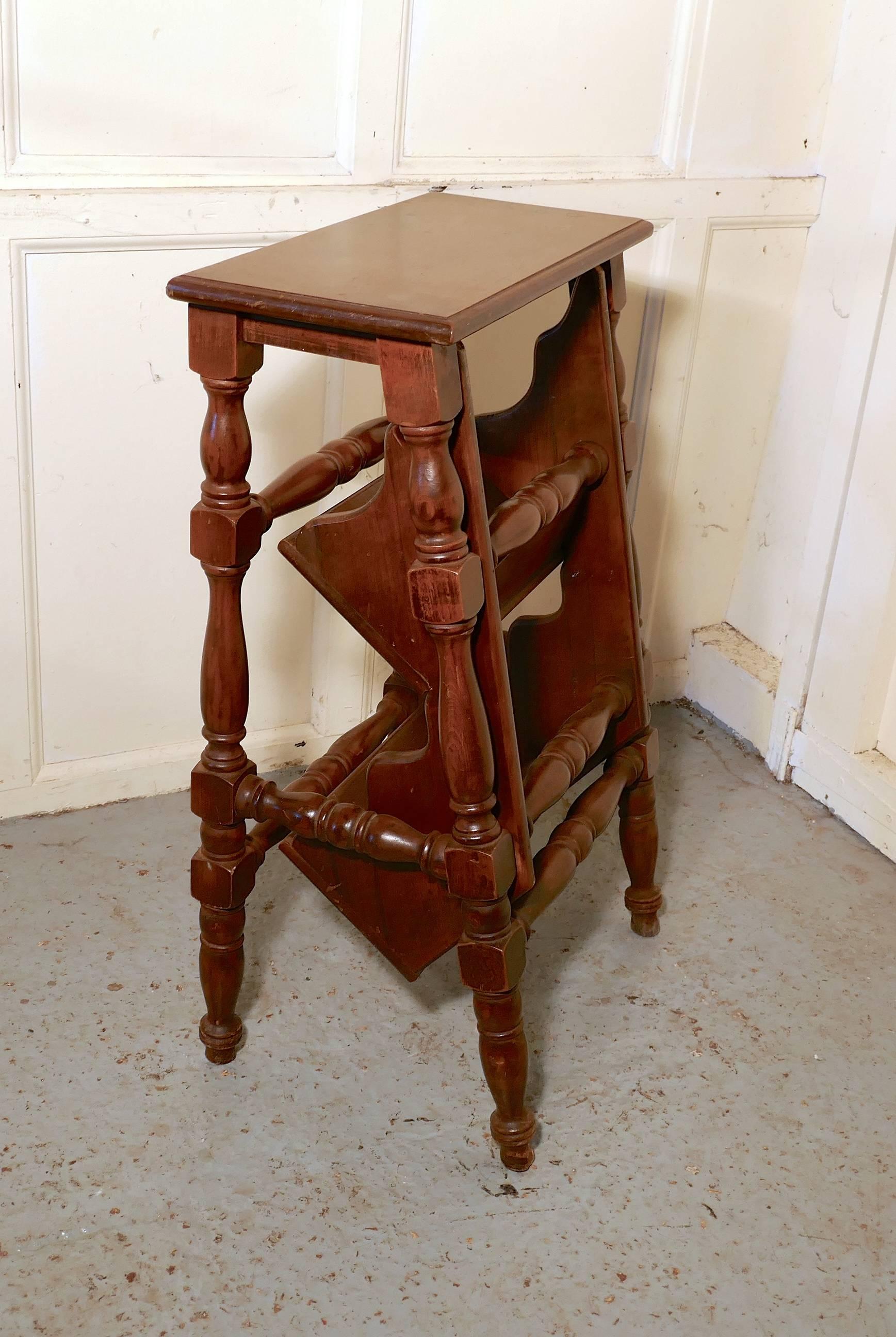 Metamorphic kitchen or library step stool

A very useful piece, this handy little stool can be flipped over and turned into a small three step ladder, originally this type of stool was used in a Library hence the name, but it would work just as