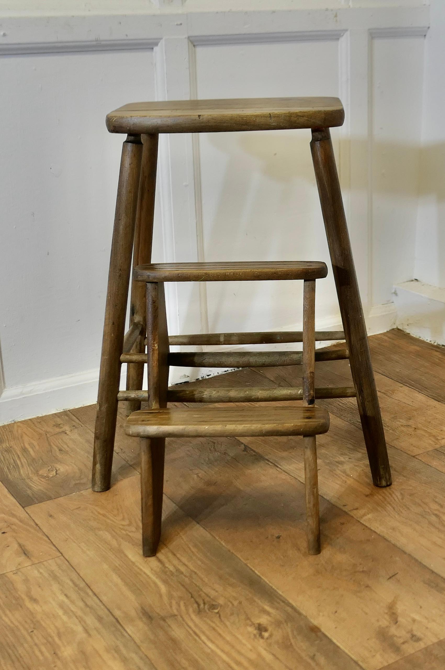 Metamorphic Kitchen or Shop Step Stool

A very useful piece, the lower step of this handy little stool can be flipped over and turned into a small step ladder, it would work just as well in a shop or kitchen
The stool is made in beech, it is very