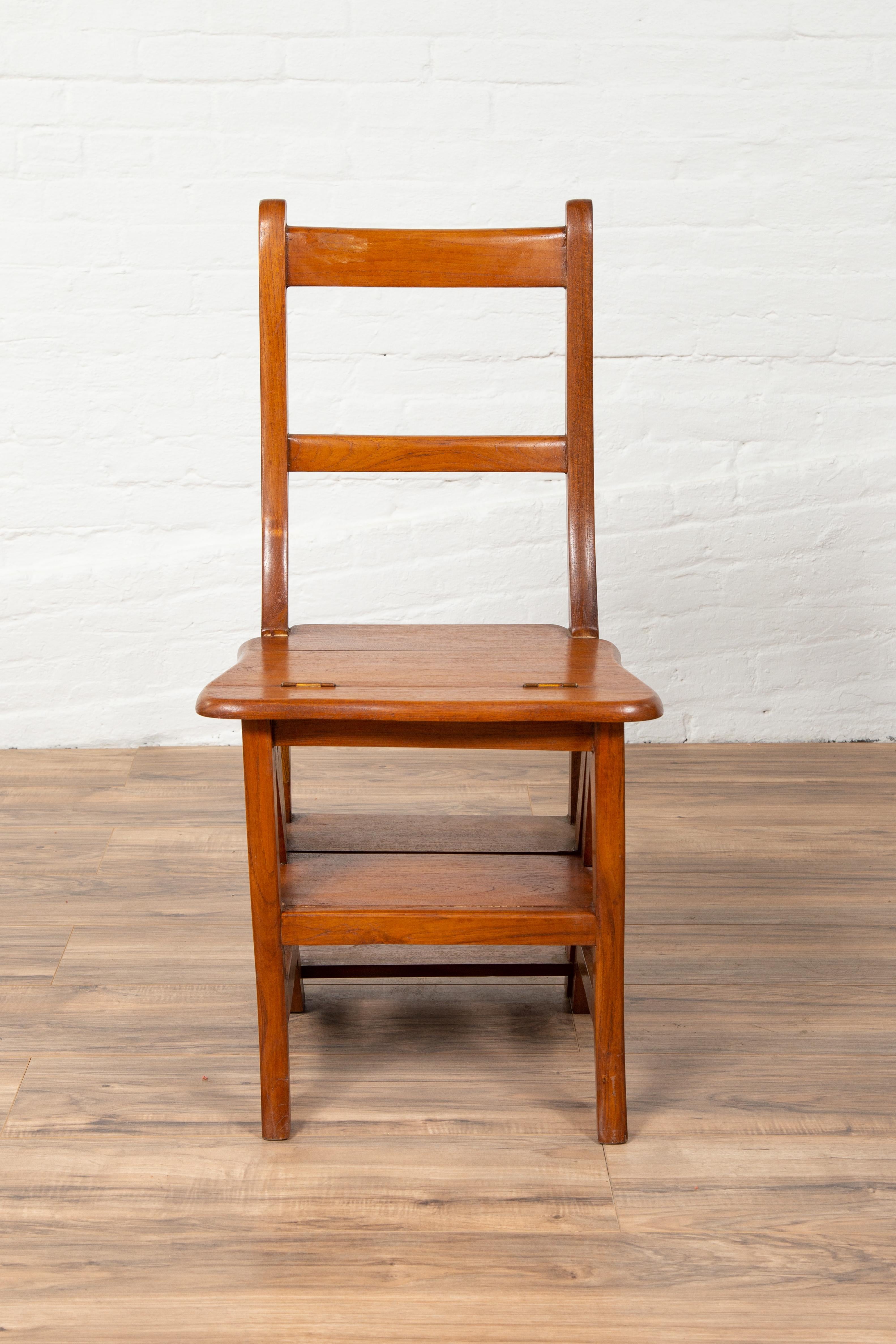 Metamorphic Vintage Dutch Colonial Teak Wood Step Ladder Folding Side Chair 3