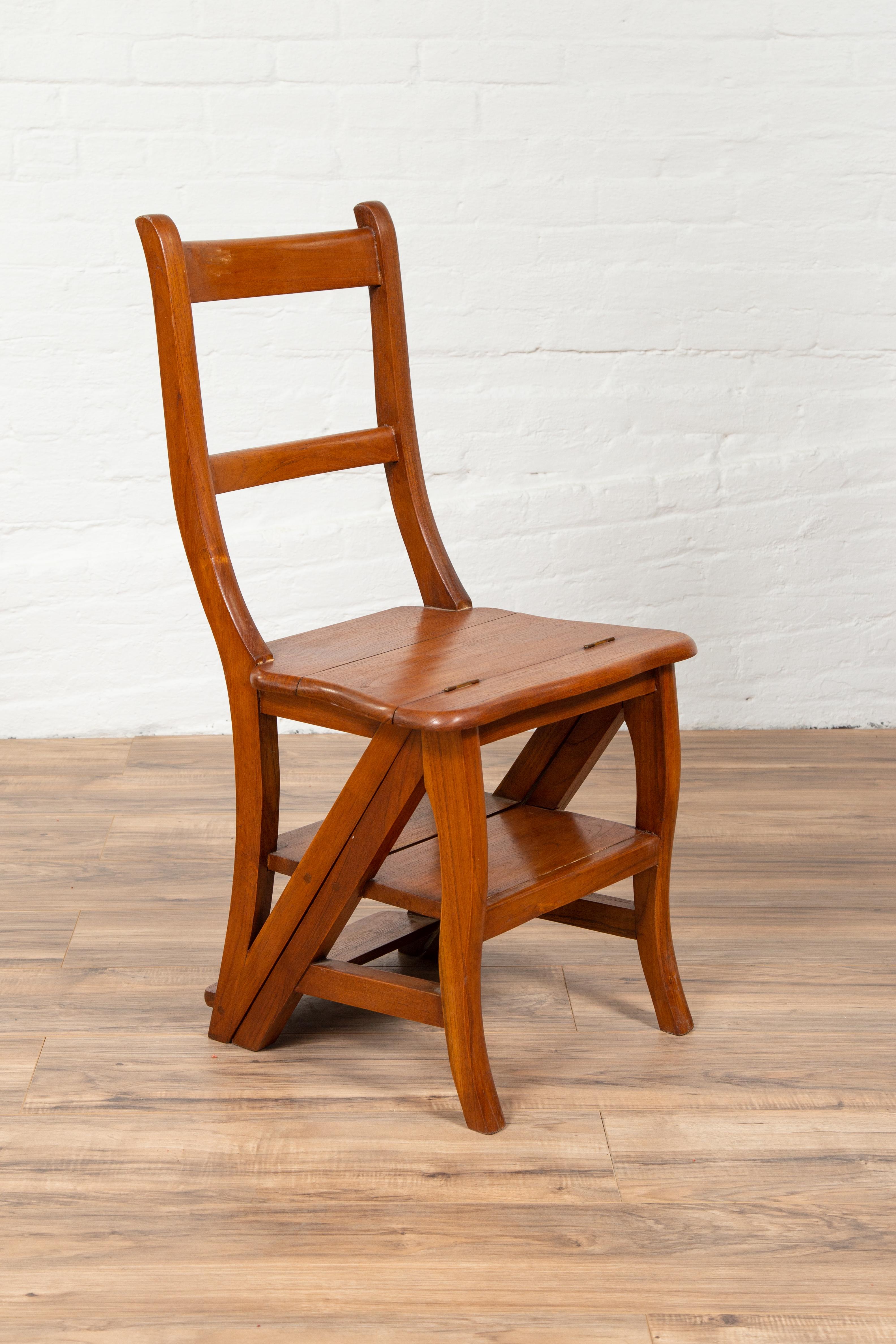 Metamorphic Vintage Dutch Colonial Teak Wood Step Ladder Folding Side Chair 4