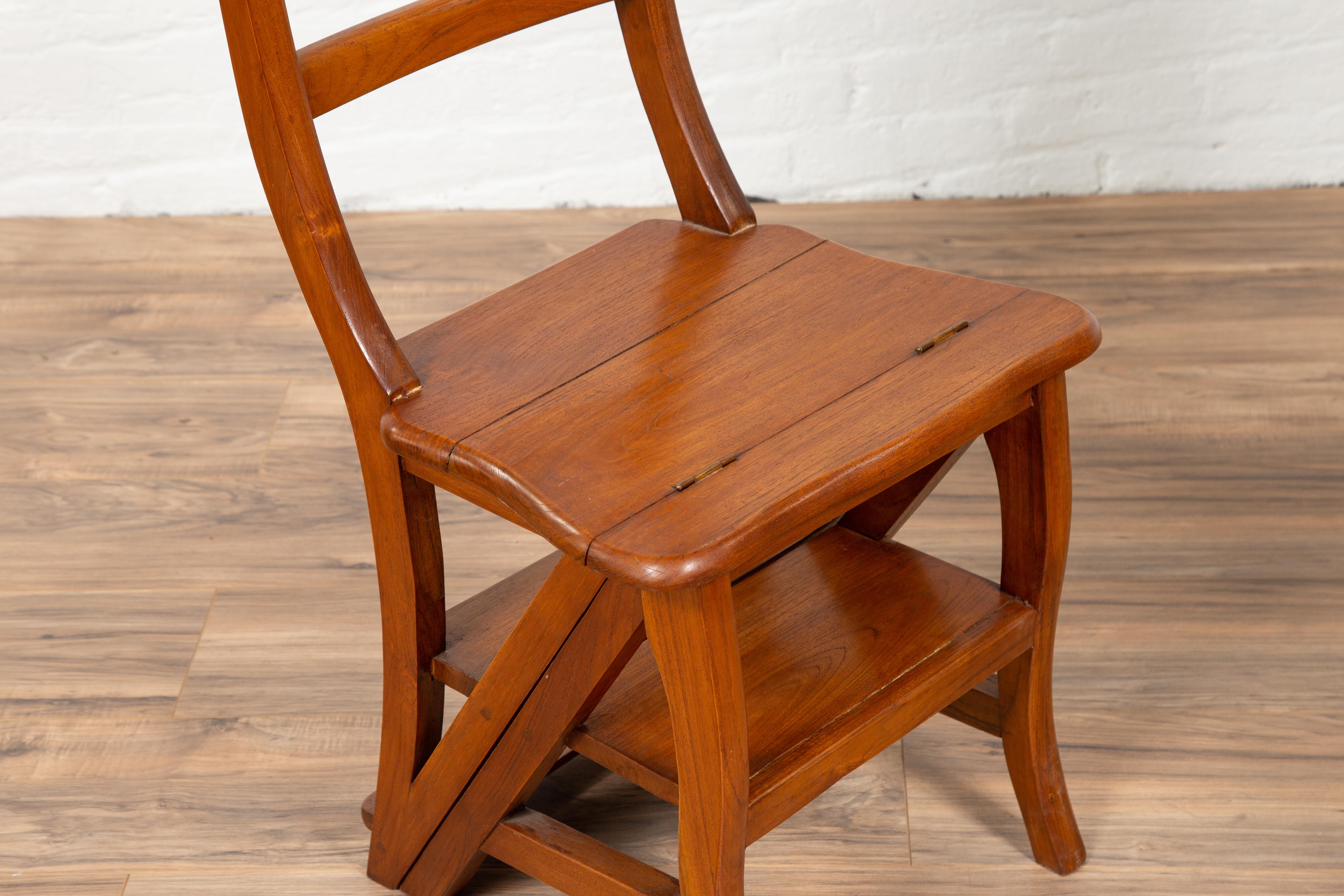 Metamorphic Vintage Dutch Colonial Teak Wood Step Ladder Folding Side Chair 5