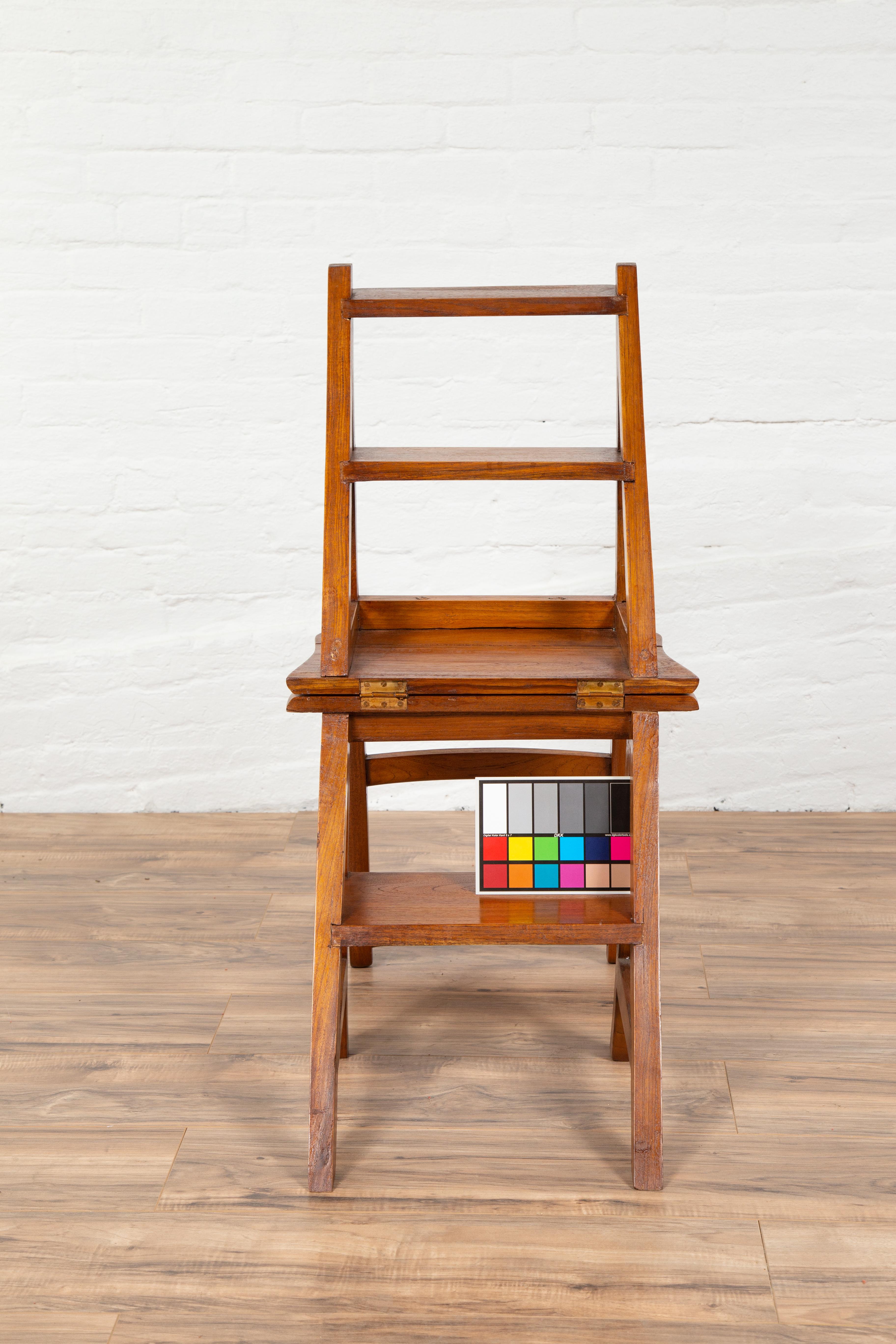 Metamorphic Vintage Dutch Colonial Teak Wood Step Ladder Folding Side Chair 7