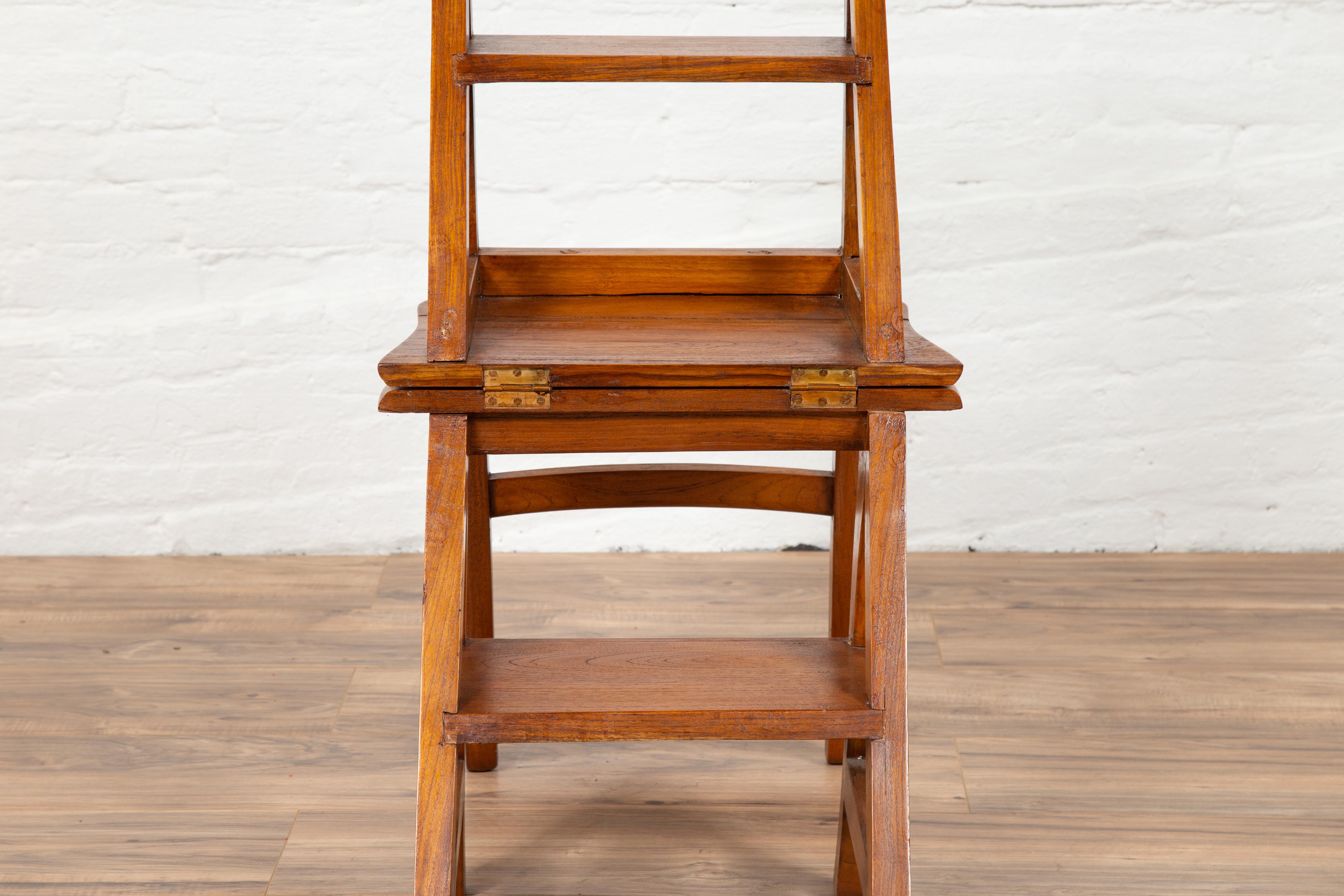 Indonesian Metamorphic Vintage Dutch Colonial Teak Wood Step Ladder Folding Side Chair