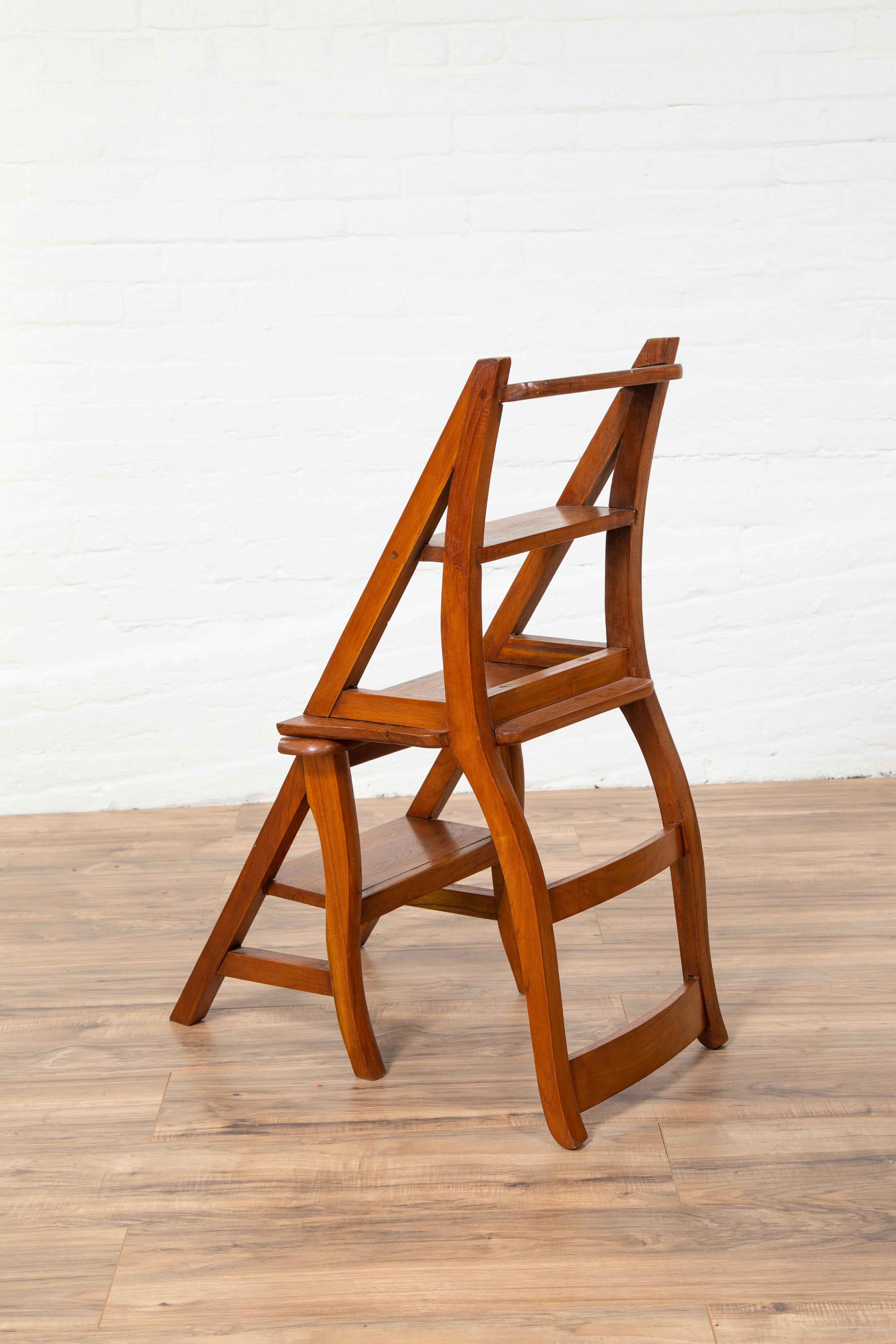 Metamorphic Vintage Dutch Colonial Teak Wood Step Ladder Folding Side Chair 1
