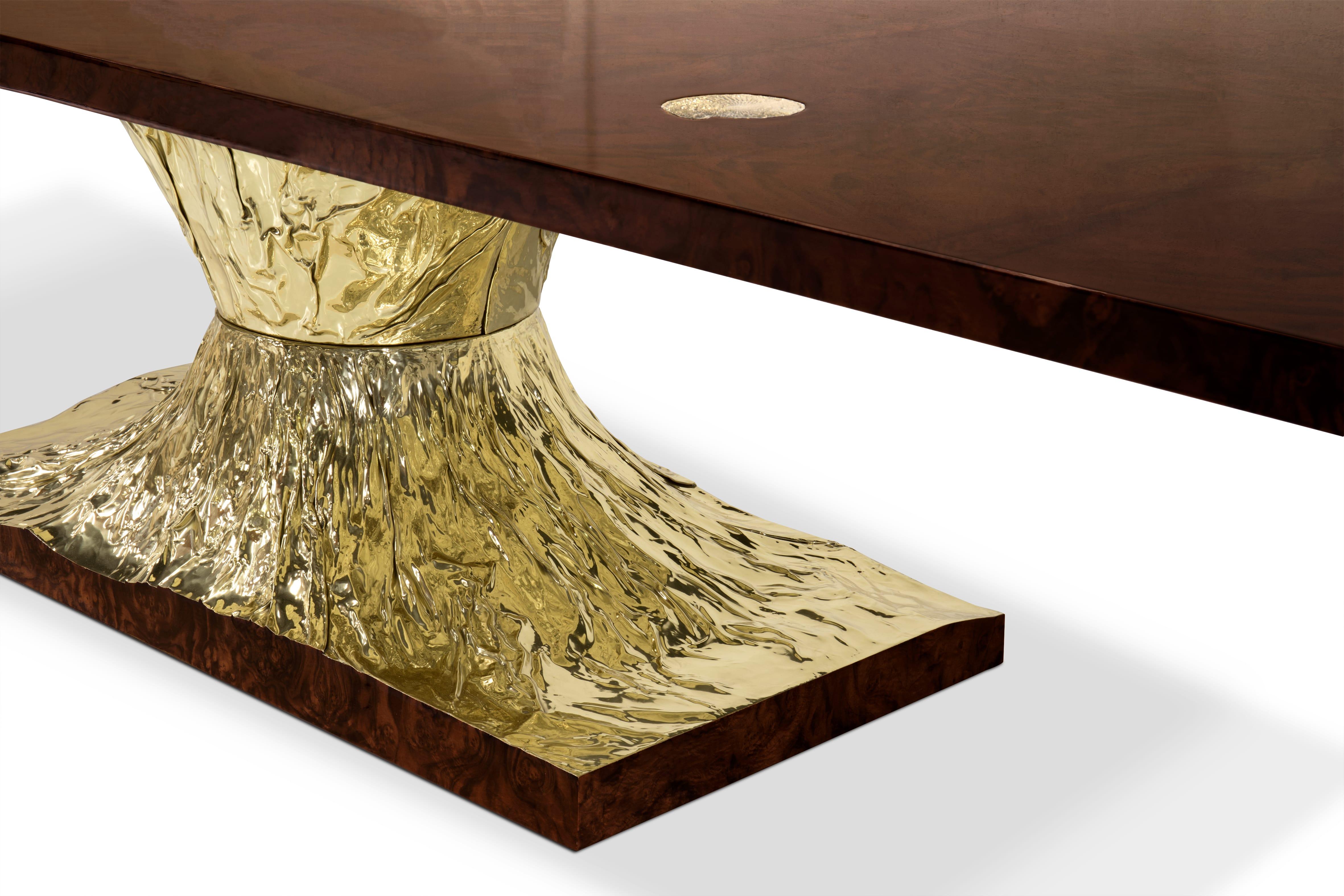 Modern Metamorphosis Dining Table with Walnut Root Veneer and Brass Details For Sale