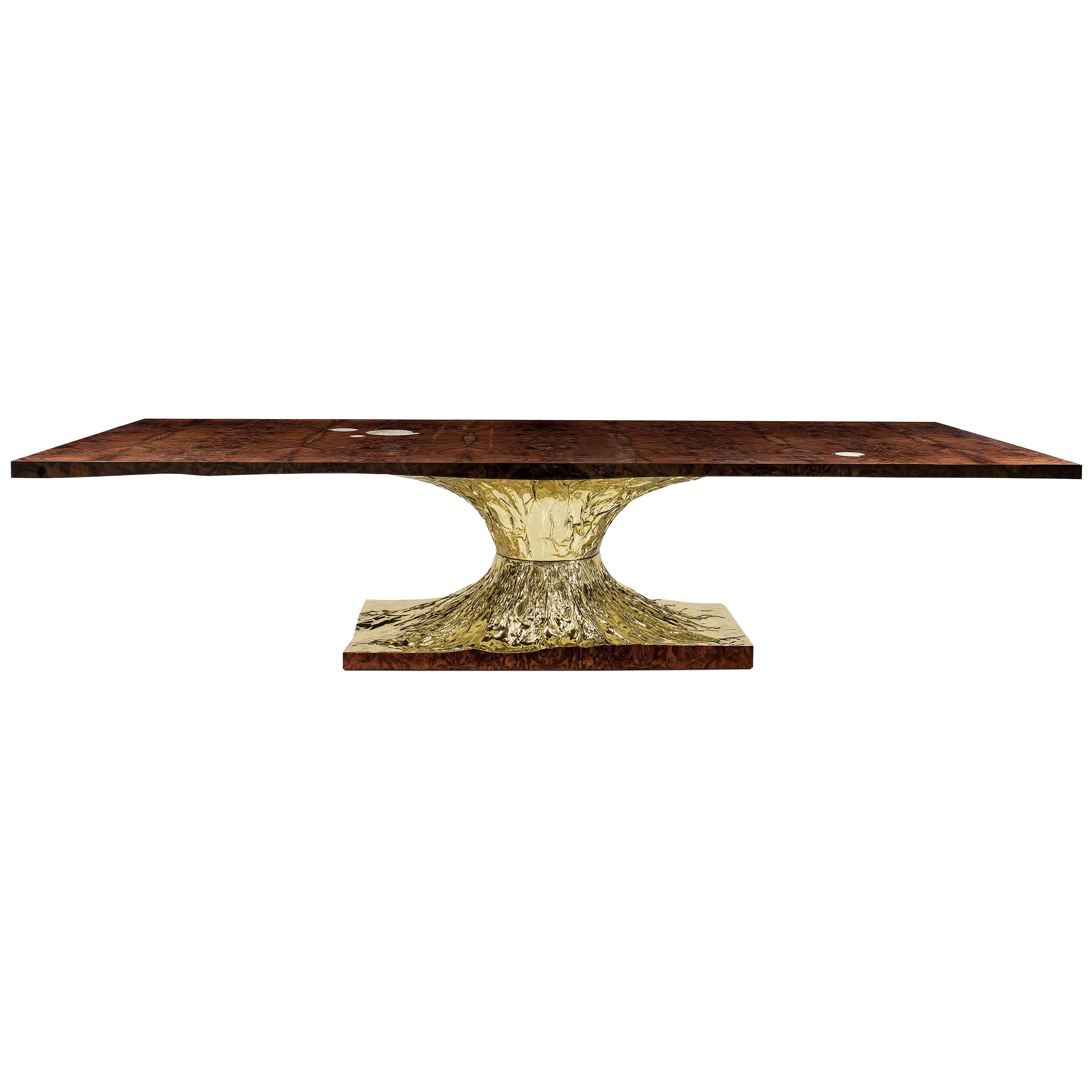 Metamorphosis Dining Table with Walnut Root Veneer and Brass Details For Sale