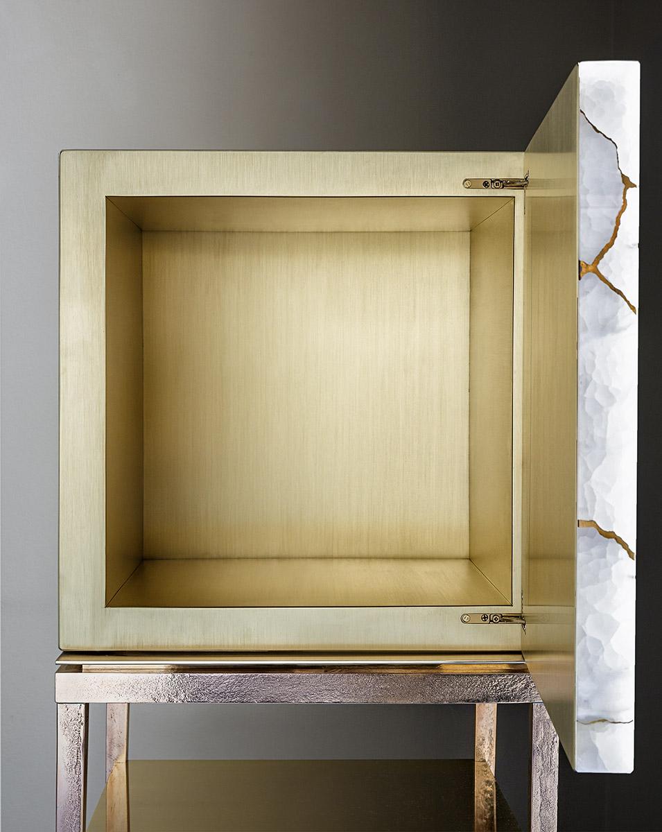 Contemporary Cabinet Metaphysical White Onyx Cast Bronze Liquid brass by Gianluca Pacchioni For Sale