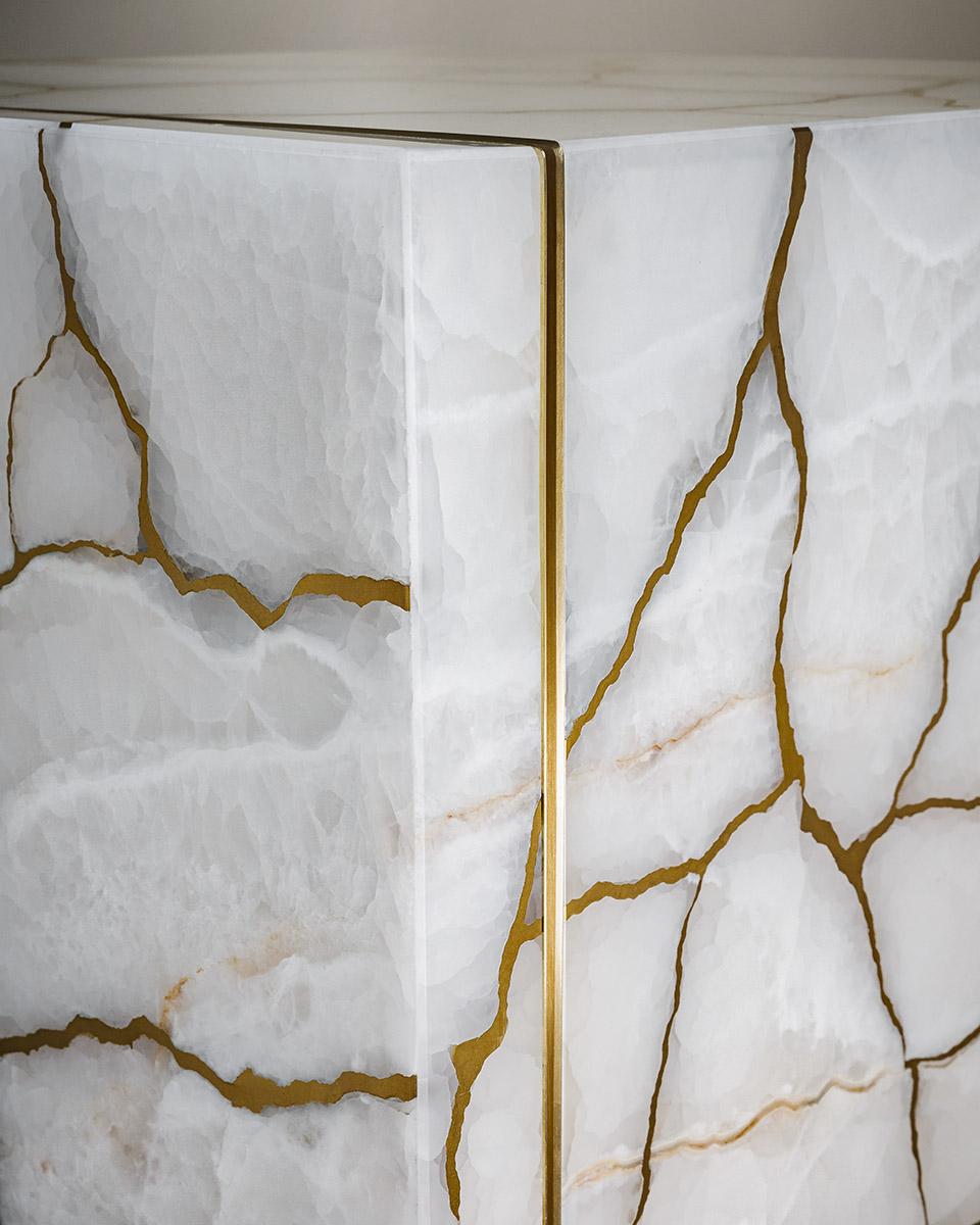 Brass Cabinet Metaphysical White Onyx Cast Bronze Liquid brass by Gianluca Pacchioni For Sale
