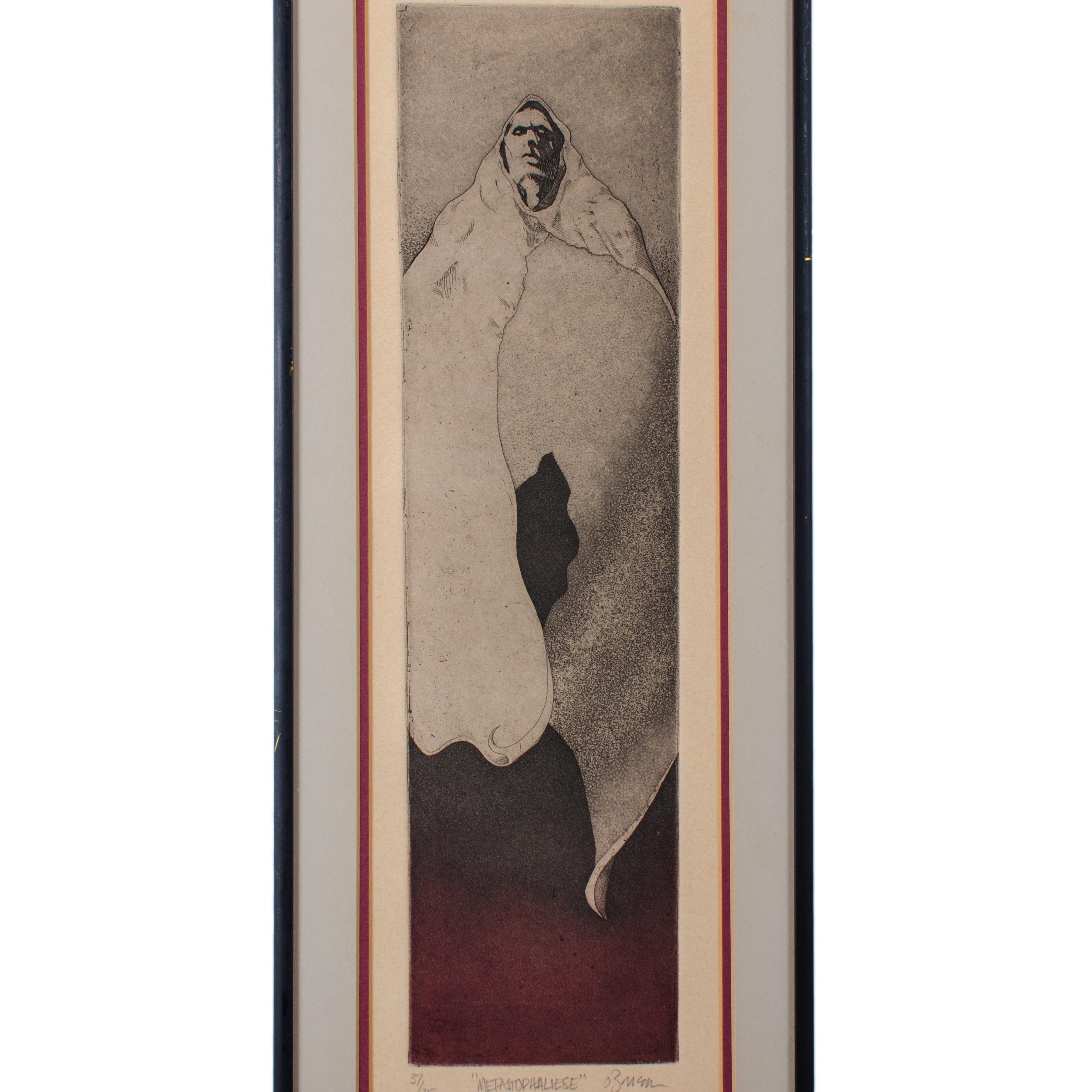 An etching entitled “Metastophaliese” and signed Ozman from an edition of 75, circa 1970s.

sight: 4 ¾ inches wide by 16 ¼ inches tall

frame: 7 ½ inches wide by 22 ½ inches tall



