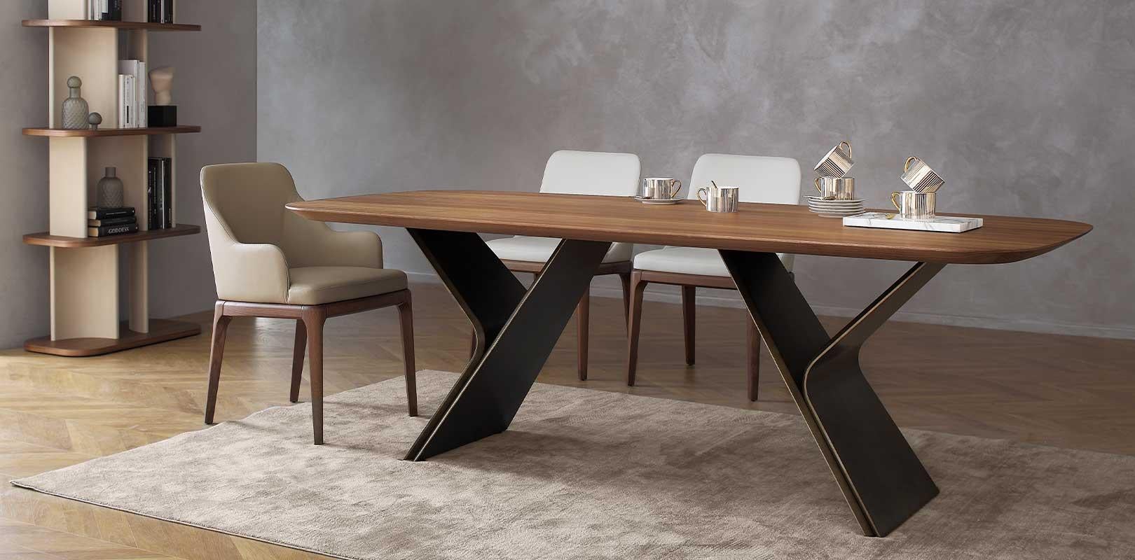 Metaverso Walnut Dining Table, 8 Seats, by Morica Design
Dimensions: D 100 x W 220 x H 75 cm.
Materials: Canaletto walnut, oxidized bronze.

Available in 6, 8, or 10 seats.

Table with MDF legs painted with a cloudy metal effect in oxidized bronze.