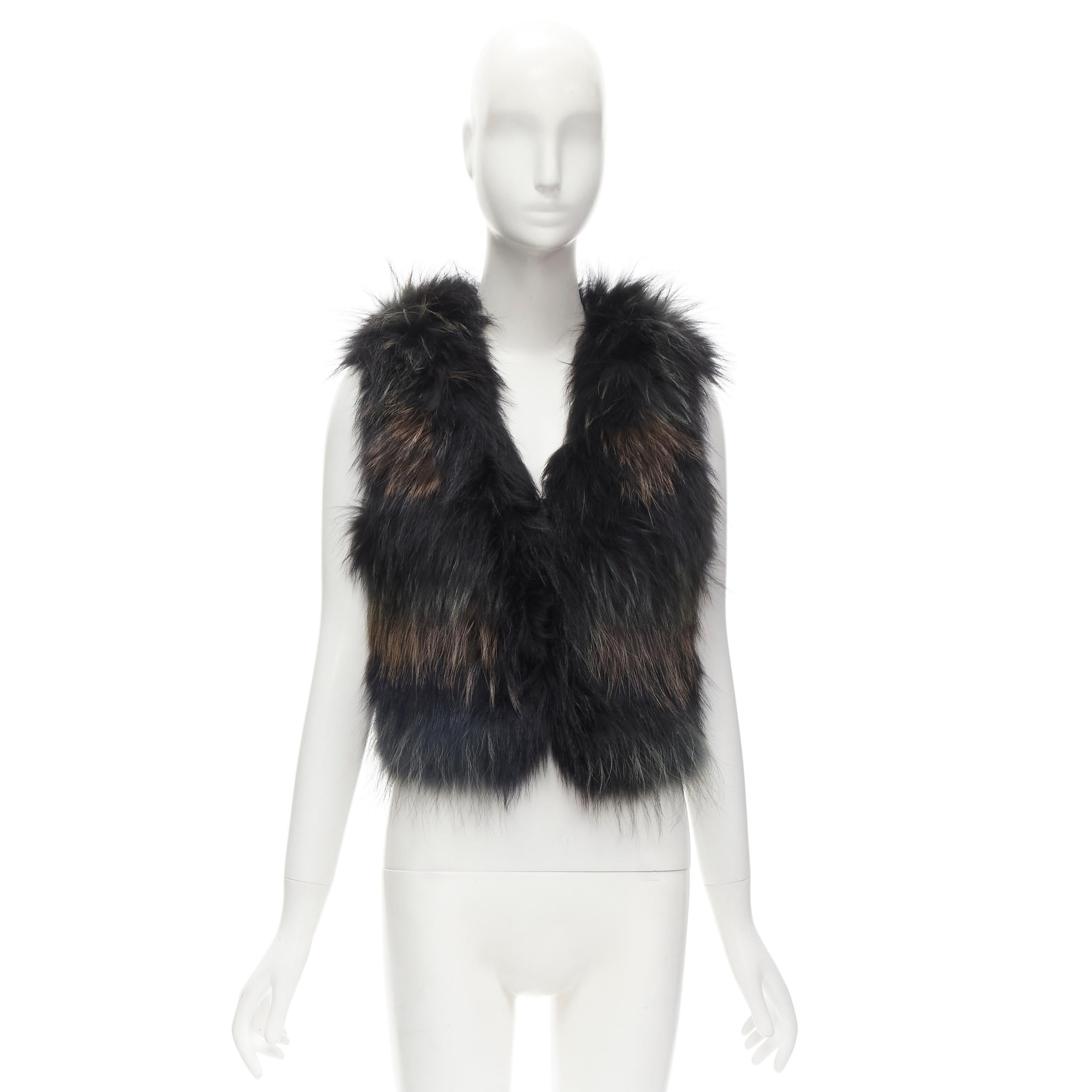 METEO YVES SALOMON black brown green racoon fur vest jacket IT36 XS For Sale 6