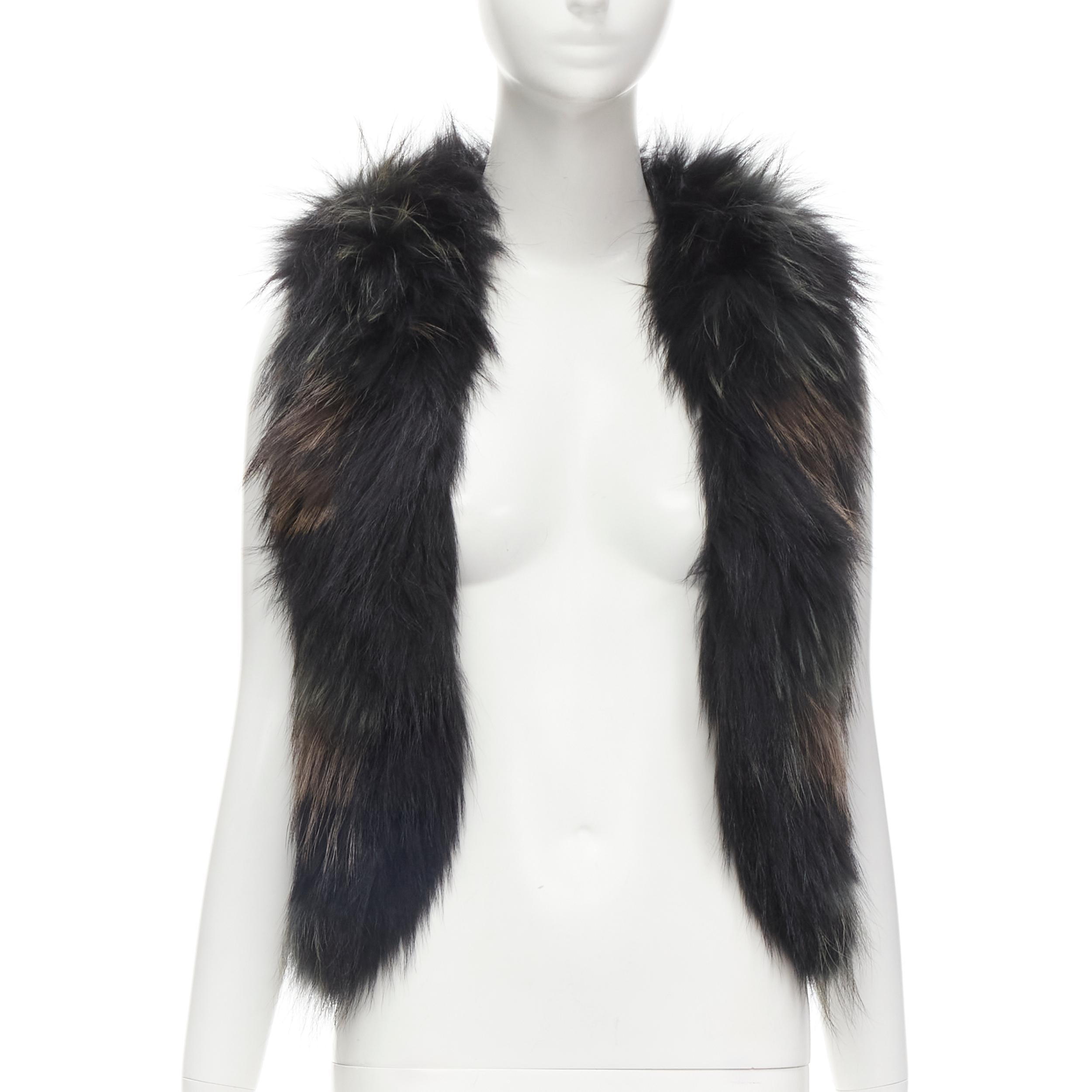 METEO YVES SALOMON black brown green racoon fur vest jacket IT36 XS In Excellent Condition For Sale In Hong Kong, NT