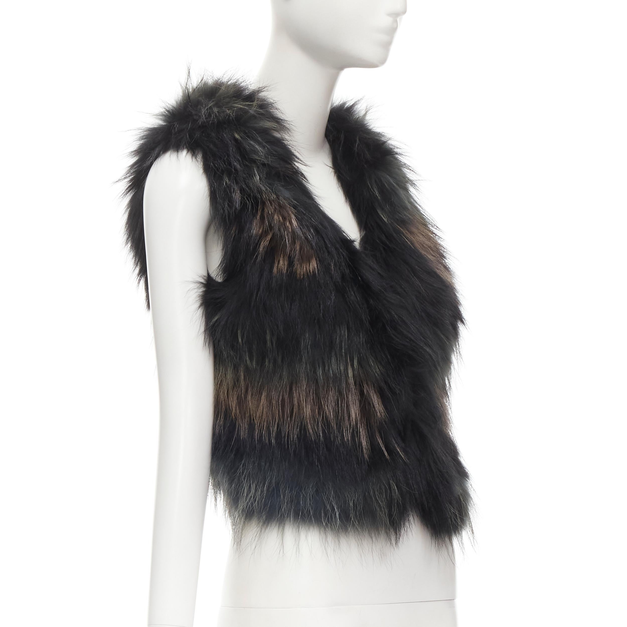 Women's METEO YVES SALOMON black brown green racoon fur vest jacket IT36 XS For Sale