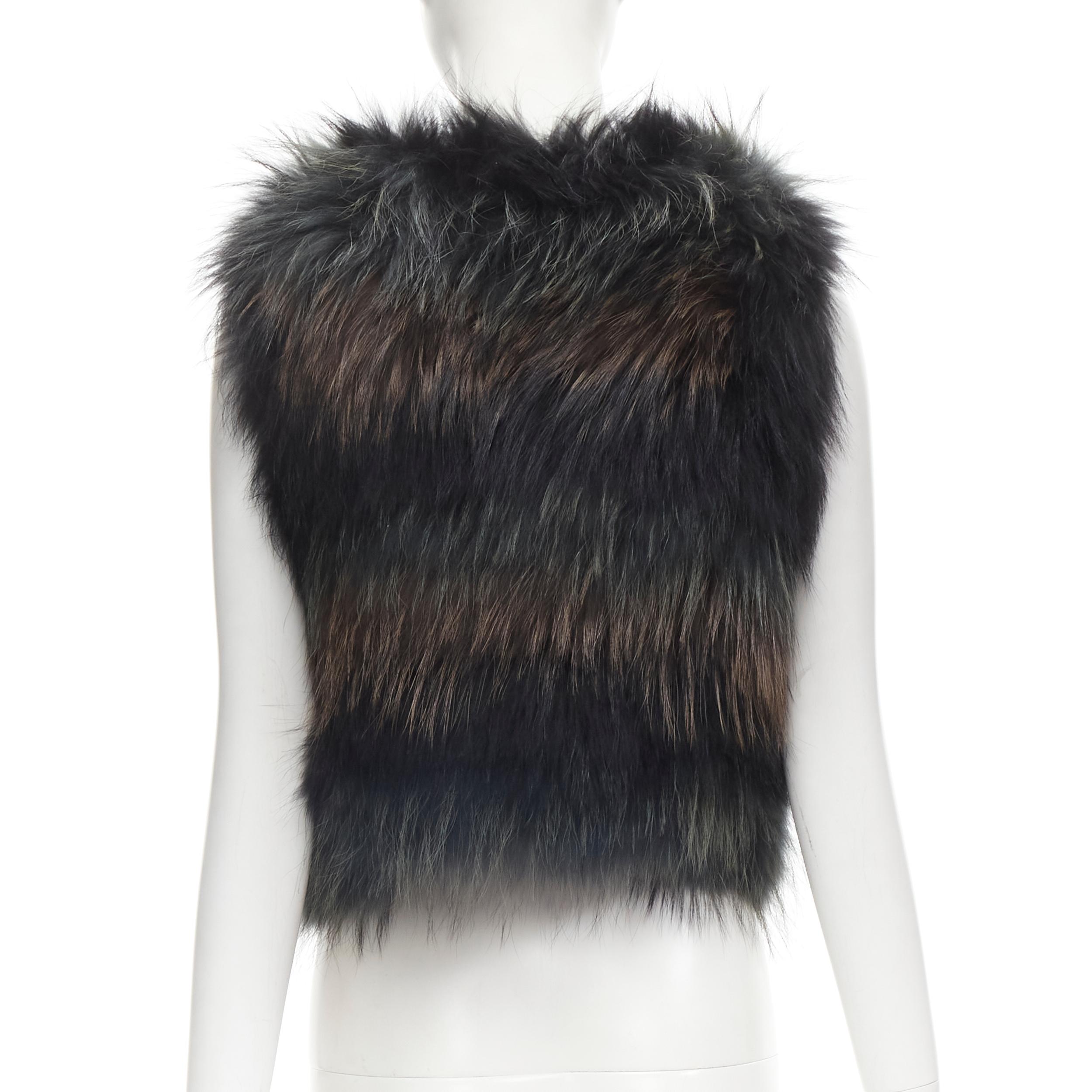 METEO YVES SALOMON black brown green racoon fur vest jacket IT36 XS For Sale 2